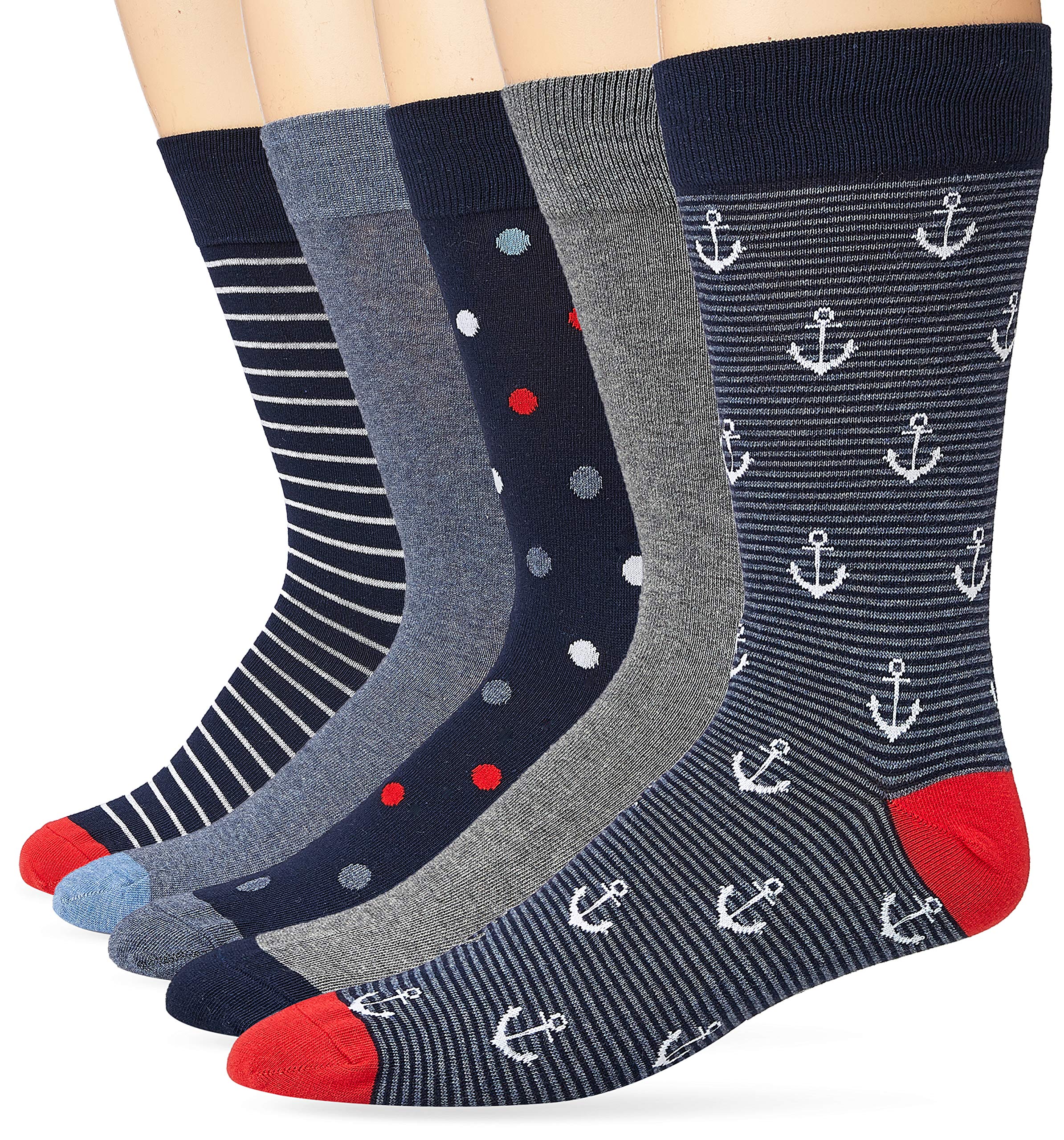 Amazon Essentials Men's Patterned Socks - 5-Pack Cotton Casual Crew Socks for Everyday Wear, Work & Gym - Breathable & Comfortable (Previously Goodthreads)