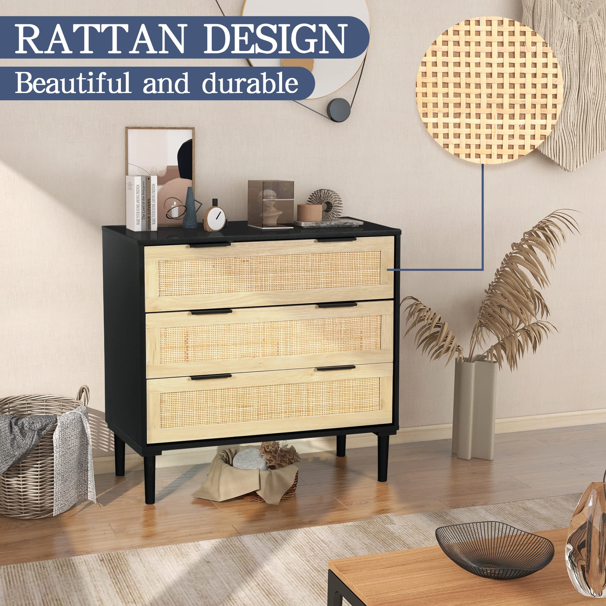 Modern Rattan 3-Drawer Dresser - Bedroom Storage Cabinet for Home & Office