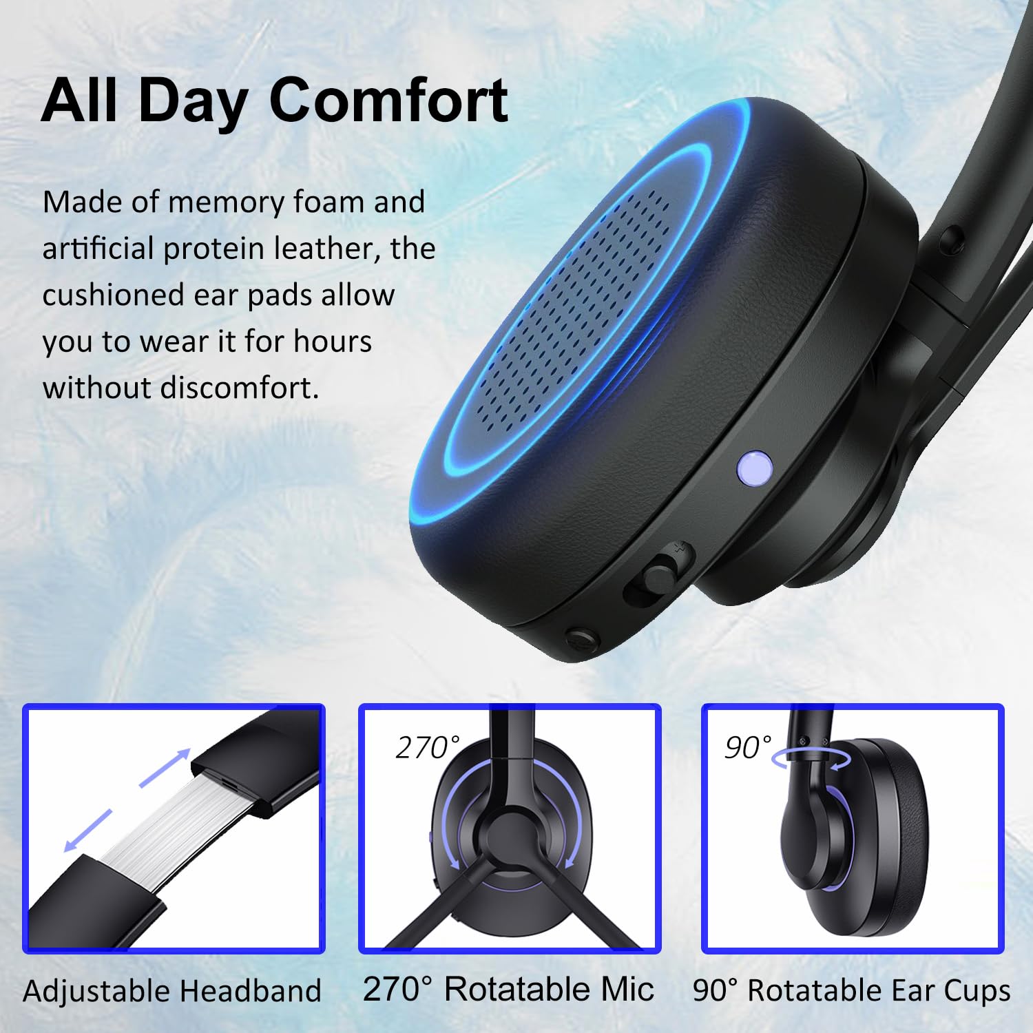 Noise Cancelling Bluetooth Headset with Mic Mute - 30+ Hours Talk Time, V5.1 Wireless Headphones for Work, Calls & Meetings | Compatible with Teams, Zoom, Cell Phone, Laptop | Perfect for Home Office, Call Center & Remote Work