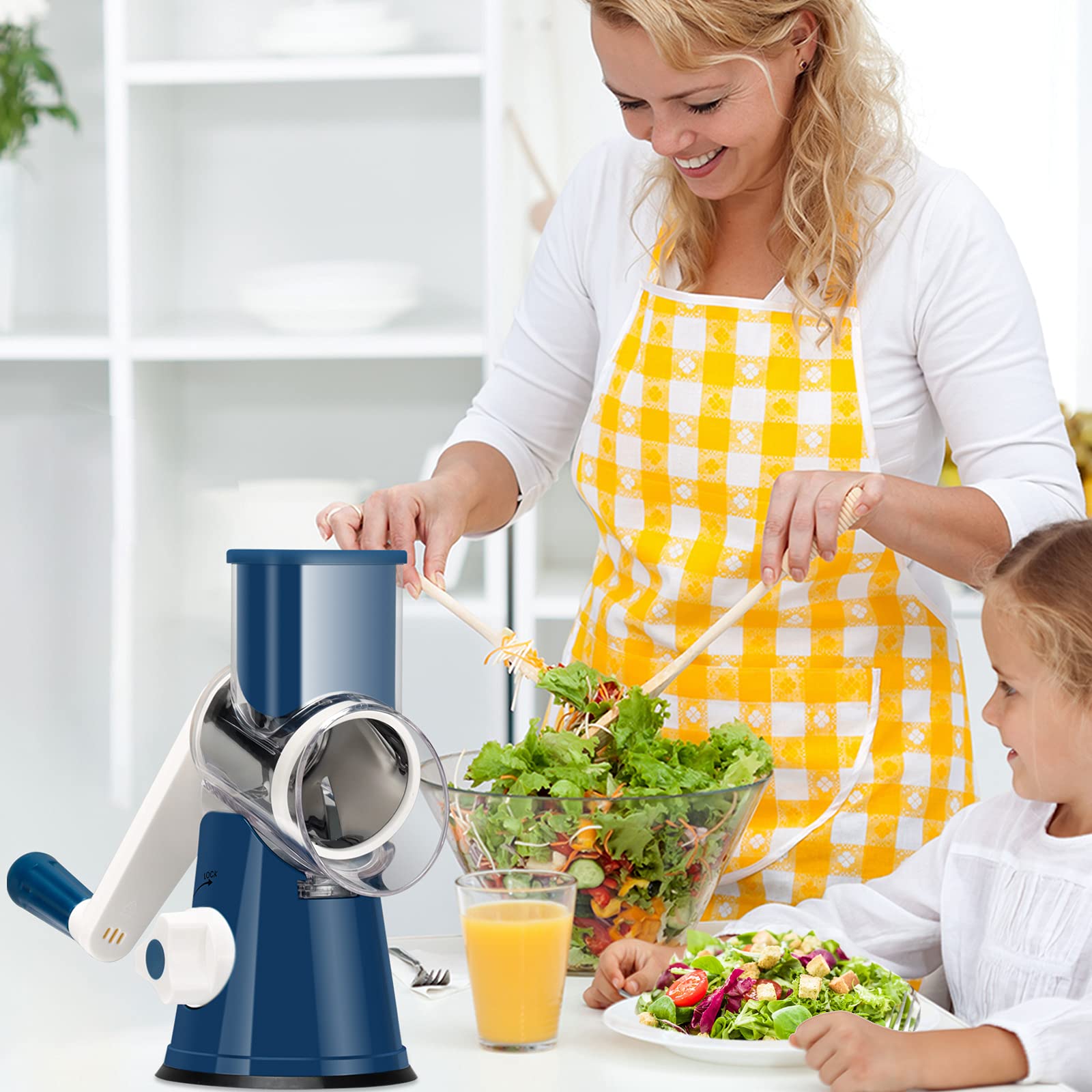 Ourokhome Rotary Cheese Grater - Hand Crank Kitchen Shredder with 3 Blades for Cheese, Vegetables, Nuts & Chocolate | Mandolin Slicer for Potato, Carrot & More | Perfect for Meal Prep, Baking & Cooking | Dark Blue