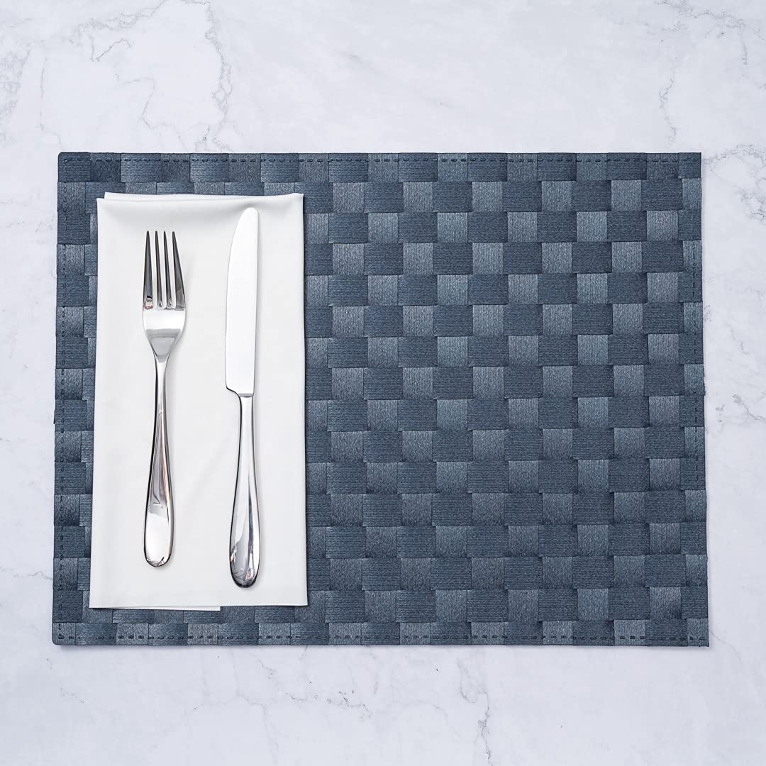 Restaurantware Macroweave 16 x 12 Inch Woven Plastic Placemats Set of 6 - Durable Navy Blue Rectangle Table Mats for Easy Cleaning | Ideal for Home Dining, Restaurants & Outdoor Entertaining