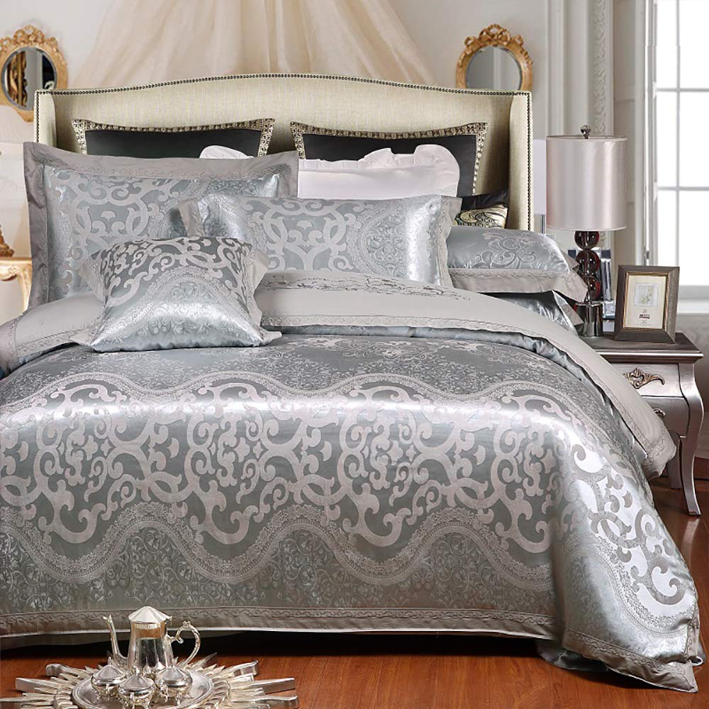 Luxury Cotton Double Duvet Cover Set - King Size White & Gold Satin Jacquard Bedding - 4pc Floral Design for Master Bedroom, Guest Room, Hotel Decor