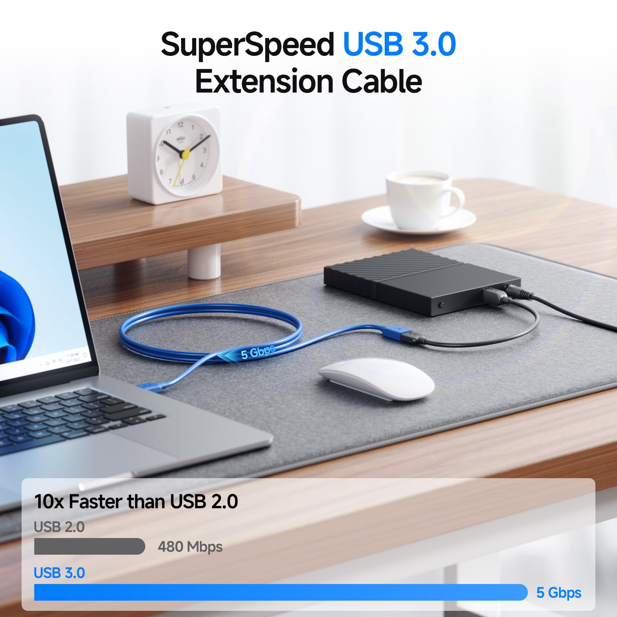 5Gbps USB 3.0 Extension Cable 10ft - High Speed Male to Female USB Extender for Webcam, VR Headset, Printer & External Hard Drive | Fast Data Transfer & Device Connectivity for Home Office & Gaming Setup