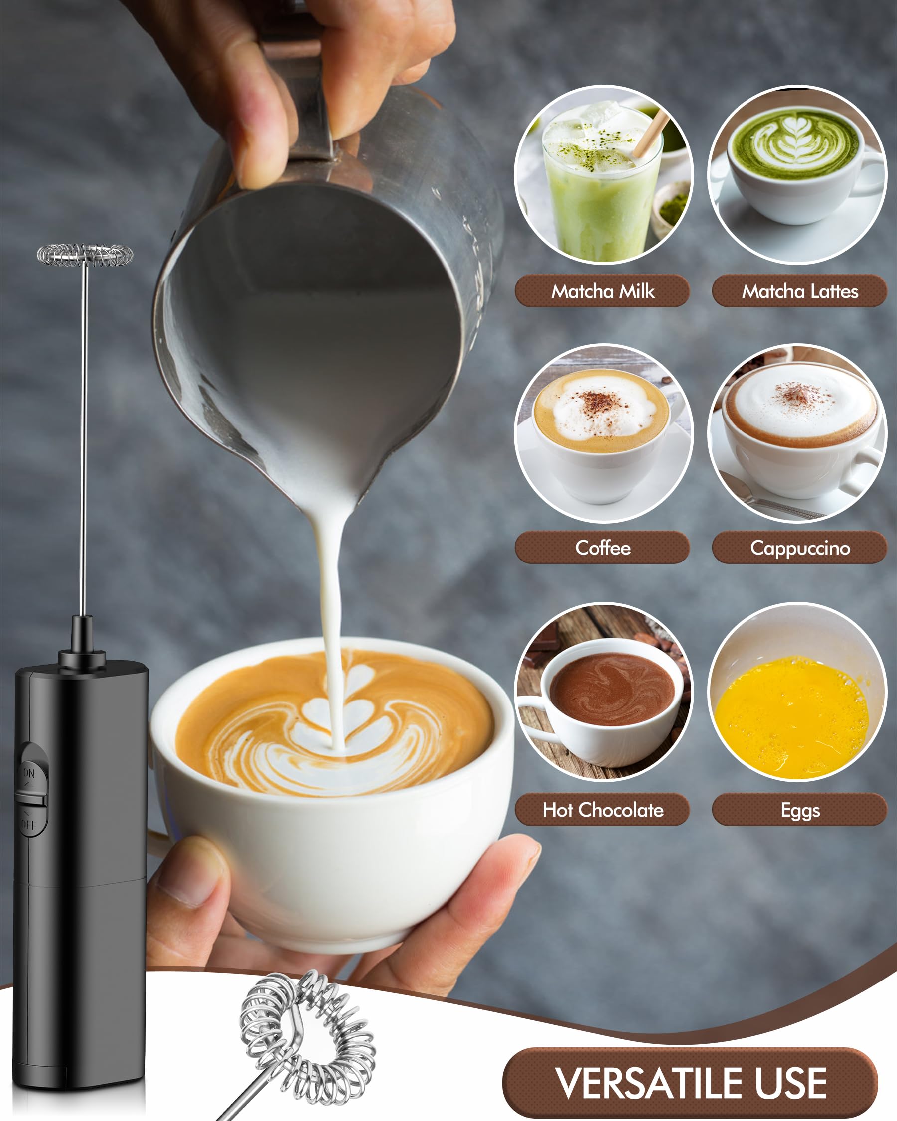 Electric Milk Frother Handheld - Battery Operated Foam Maker for Coffee, Latte, Cappuccino, Matcha & Protein Shakes - Portable Mini Whisk for Home, Office & Travel - Black
