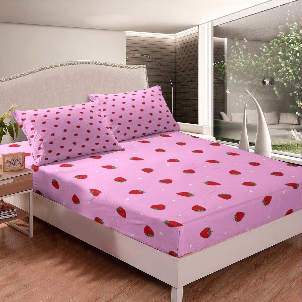 Kids Strawberry Bed Sheets Set 3-Piece - Twin Size Pink Kawaii Fruit Print with Deep Pocket Fitted Sheet, Flat Sheet & Pillow Sham - Tropical Fruit Themed Room Decor for Girls' Bedroom