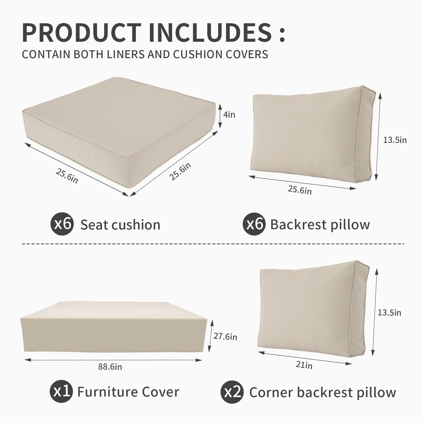 **Valita 14-Piece Water-Resistant Outdoor Replacement Cushions for 6-Seat Sectional Rattan Sofa Set – Khaki Patio Furniture Cushions with Liner & Cover – Perfect for Backyard, Deck, and Poolside Relaxation**