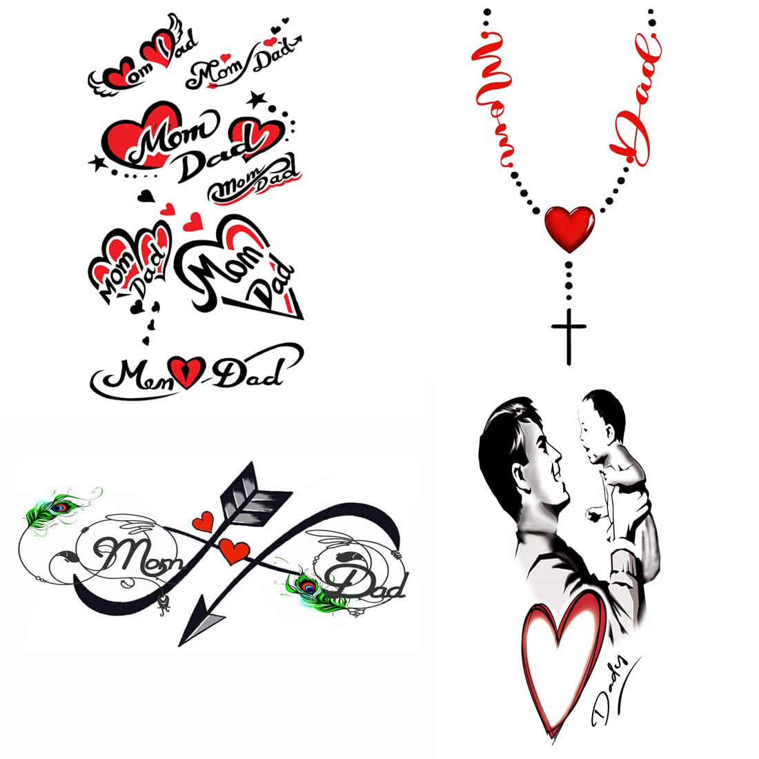 Love Mom Dad Infinity Temporary Tattoo Stickers - Pack of 4 Waterproof Fake Tattoos for Men & Women (2x4 Inch) - Perfect for Parties, Festivals & Family Events
