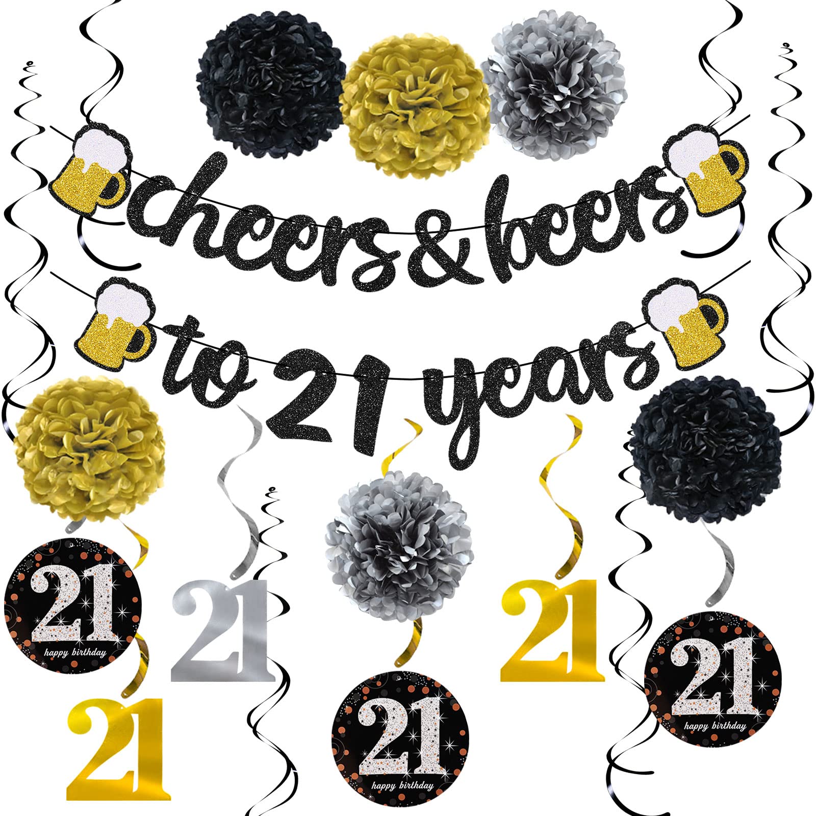 21st Birthday Party Decorations Kit for Men & Women - Cheers to 21 Years Banner, Pom Poms, Flowers & Sparkling Hanging Swirls - Perfect for 21st Birthday Celebrations, Weddings & Special Events