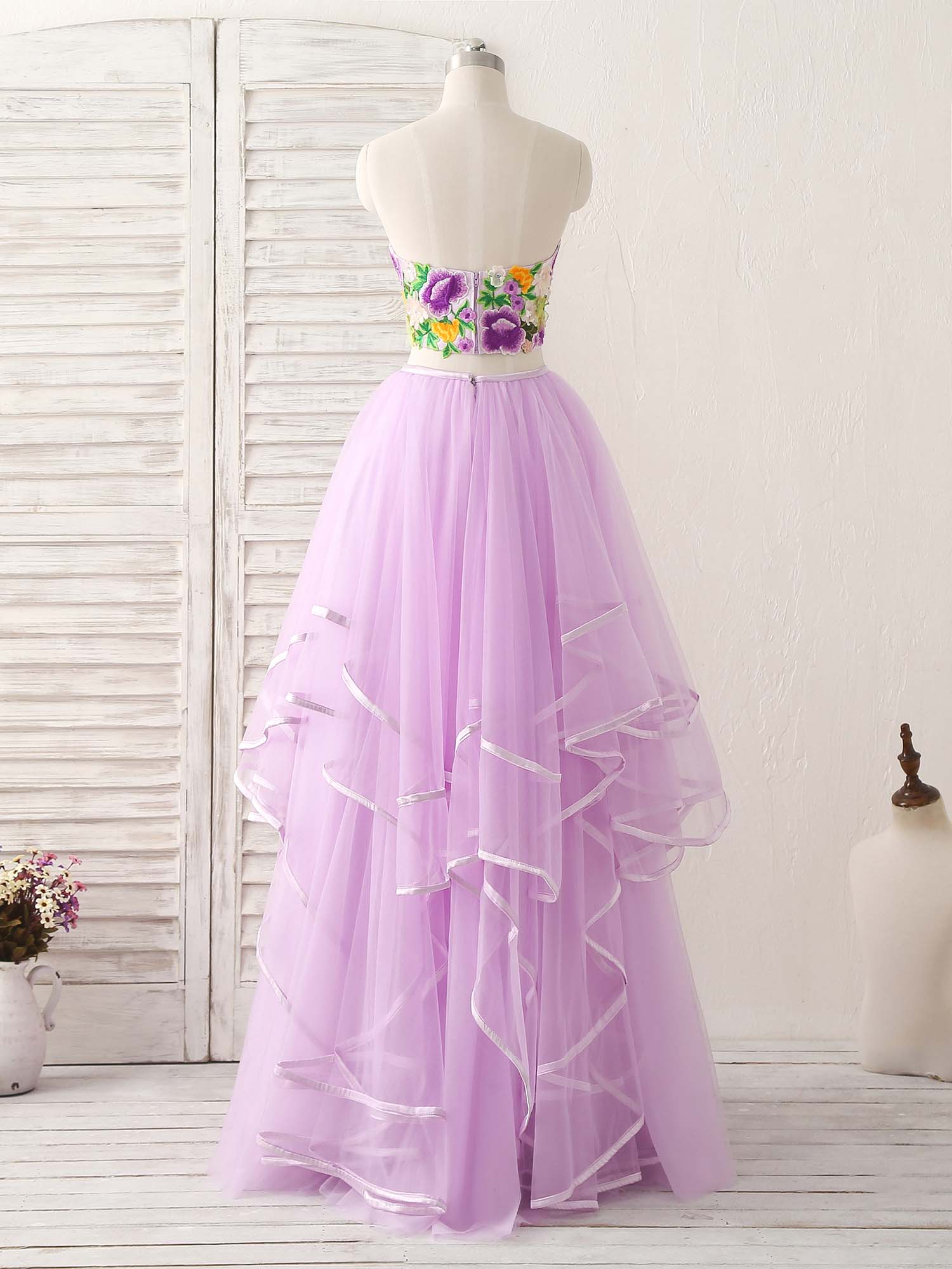 Elegant Purple Two-Piece Applique Tulle Long Prom Dress for Evening Gala & Formal Events - Perfect for Homecoming, Prom Night, and Special Occasions