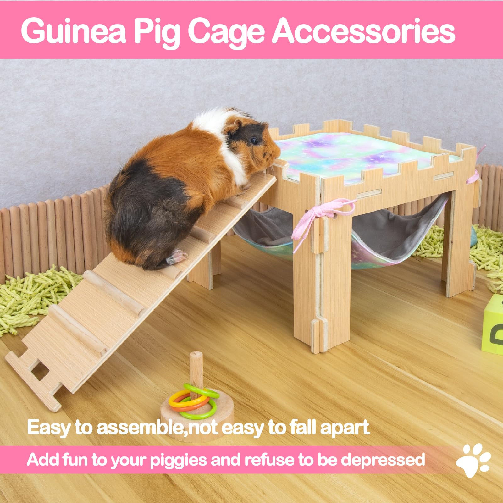 **Wooden Guinea Pig Hideout with Hammock, Platform & Ramps - Waterproof Coating, Easy to Clean - Small Pet Cage Accessories for Play & Relaxation - Perfect for Guinea Pigs, Hamsters & Small Animals**