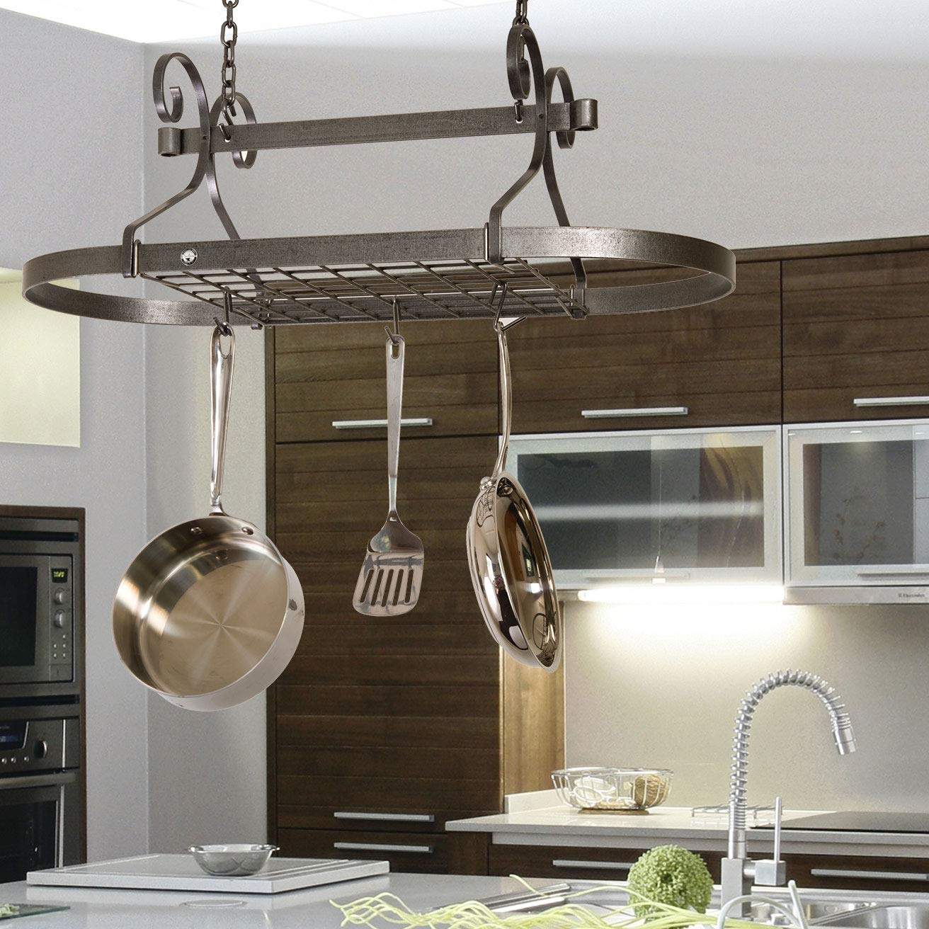 Handcrafted Scrolled Oval Rack - Hammered Steel Wall Mounted Pot Rack for Kitchen Organization & Rustic Home Decor | Perfect for Hanging Pots, Pans & Utensils in Farmhouse or Country Style Kitchens
