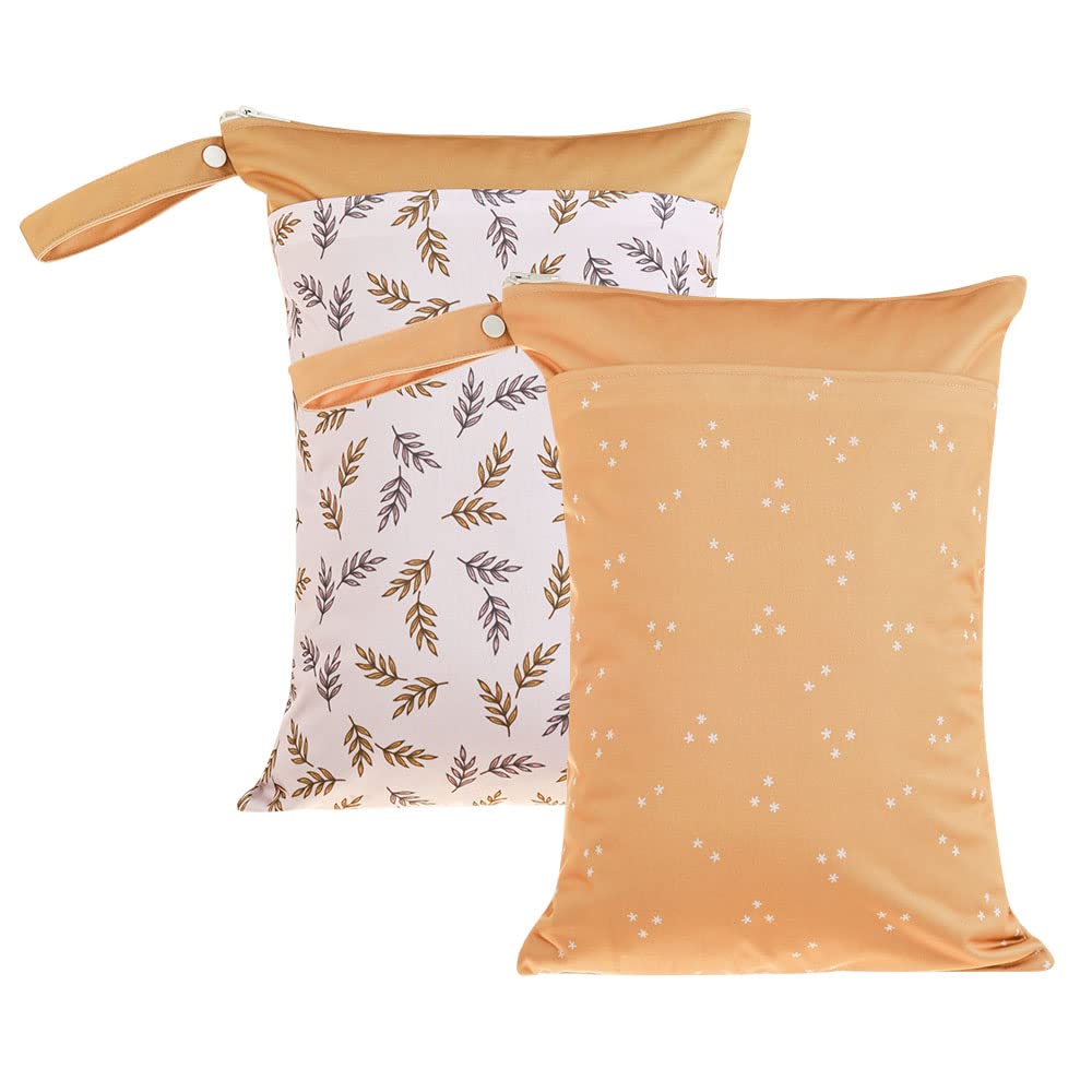 MOMIGO 2-Pack Reusable Wet Dry Bags for Baby Cloth Diapers - Waterproof Washable Storage Pouch for Stroller, Diaper Bag, Gym & Travel - Perfect for Daycare, Swimming & Outdoor Activities (Leaf & Star Design)