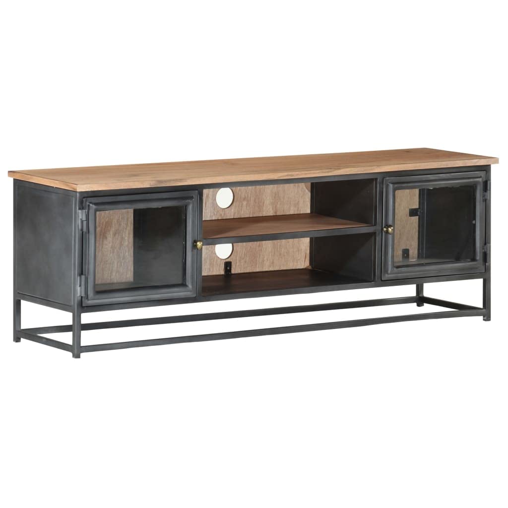 Industrial-Style Acacia Wood TV Stand with Steel Legs - Gray Entertainment Cabinet with Glass Doors & Storage - Perfect for Living Room, Home Theater & Media Organization