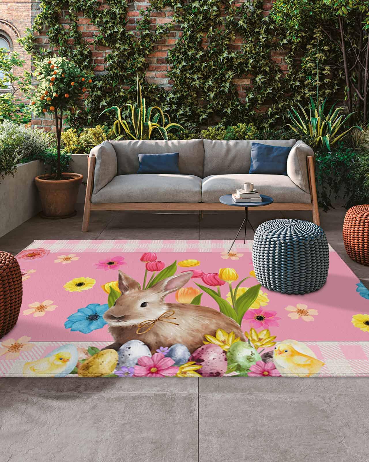 Easter Bunny Spring Flowers Indoor Outdoor Rug 6x9 ft - Non-Slip Waterproof Patio Carpet for Deck, Backyard, RV, Picnic, Beach & Camping - Pink Yellow Blue Floral Design - Perfect for Spring Decor, Garden Parties & Outdoor Gatherings