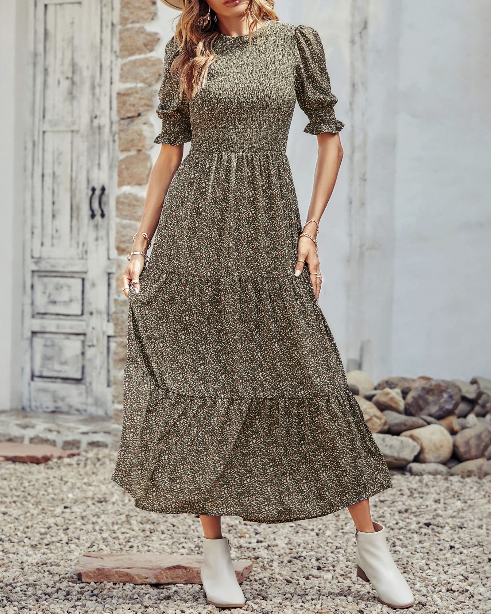 BTFBM Women's Floral Print Boho Maxi Dress - Short Sleeve Crew Neck Ruffle Summer Dress with Smocked Waist | Perfect for Beach Vacations, Music Festivals & Boho Chic Outfits