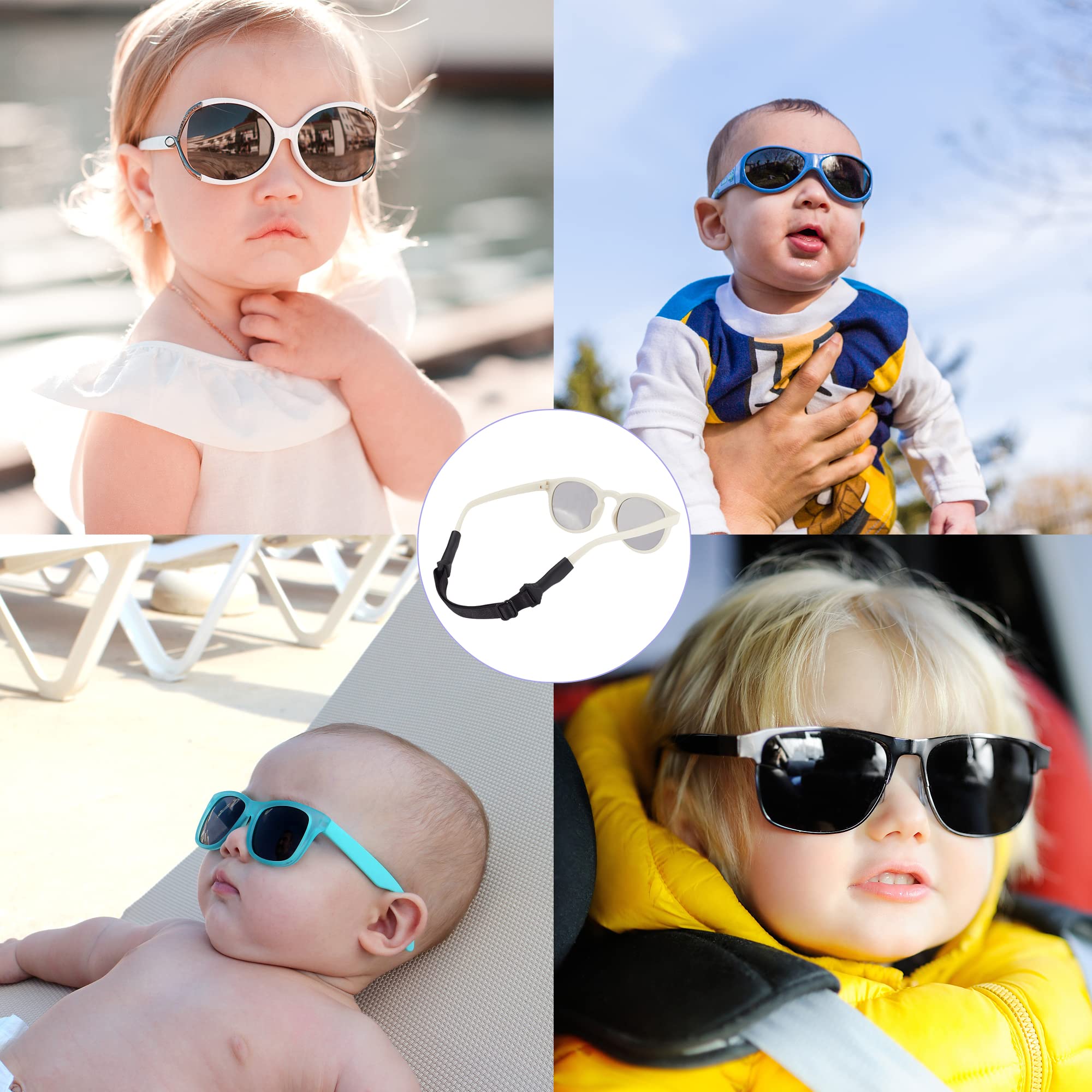 LVVFit Adjustable Baby Glasses Straps (5-8 Inch) - 4 Pack Black Eyewear Retainers for Toddlers & Infants 0-3 Years - Sports Sunglasses & Eyeglasses Holder for Boys & Girls - Perfect for Outdoor Play, Swimming & Active Kids