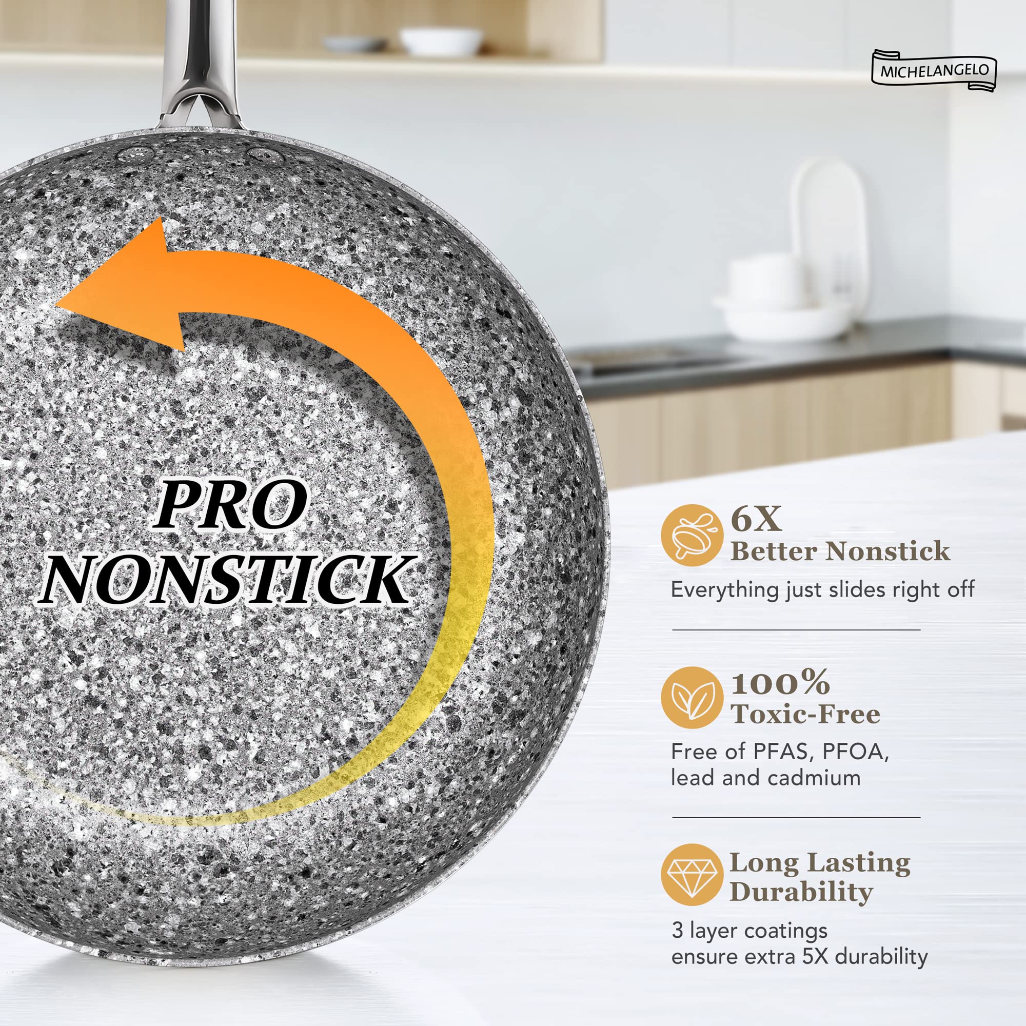 MICHELANGELO 10-Piece Nonstick Stone Cookware Set - Granite Coated Pots & Pans for Healthy Cooking | Perfect for Frying, Sautéing & Everyday Meals