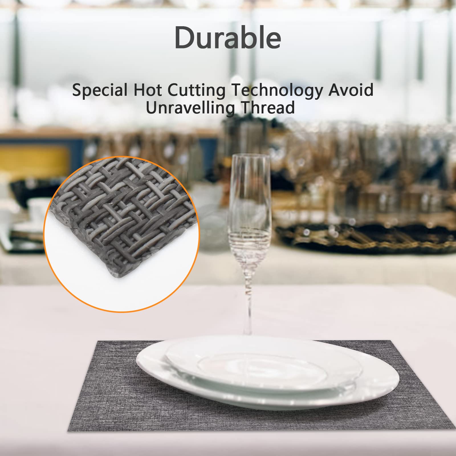 4-Pack Woven Vinyl Placemats for Dining Table - Waterproof & Washable Indoor/Outdoor Placemat Set (Gray) - Perfect for Kitchen, Patio, Picnic & Daily Use