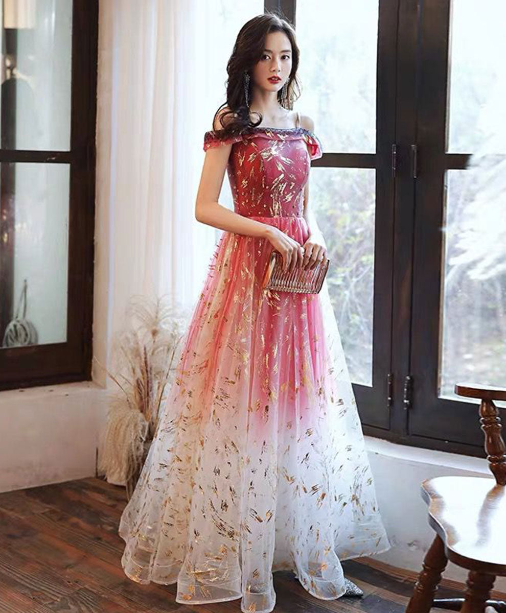 Elegant Burgundy Off-Shoulder Lace Tulle Prom Dress - Long Formal Gown for Homecoming, Wedding Guest & Special Occasions