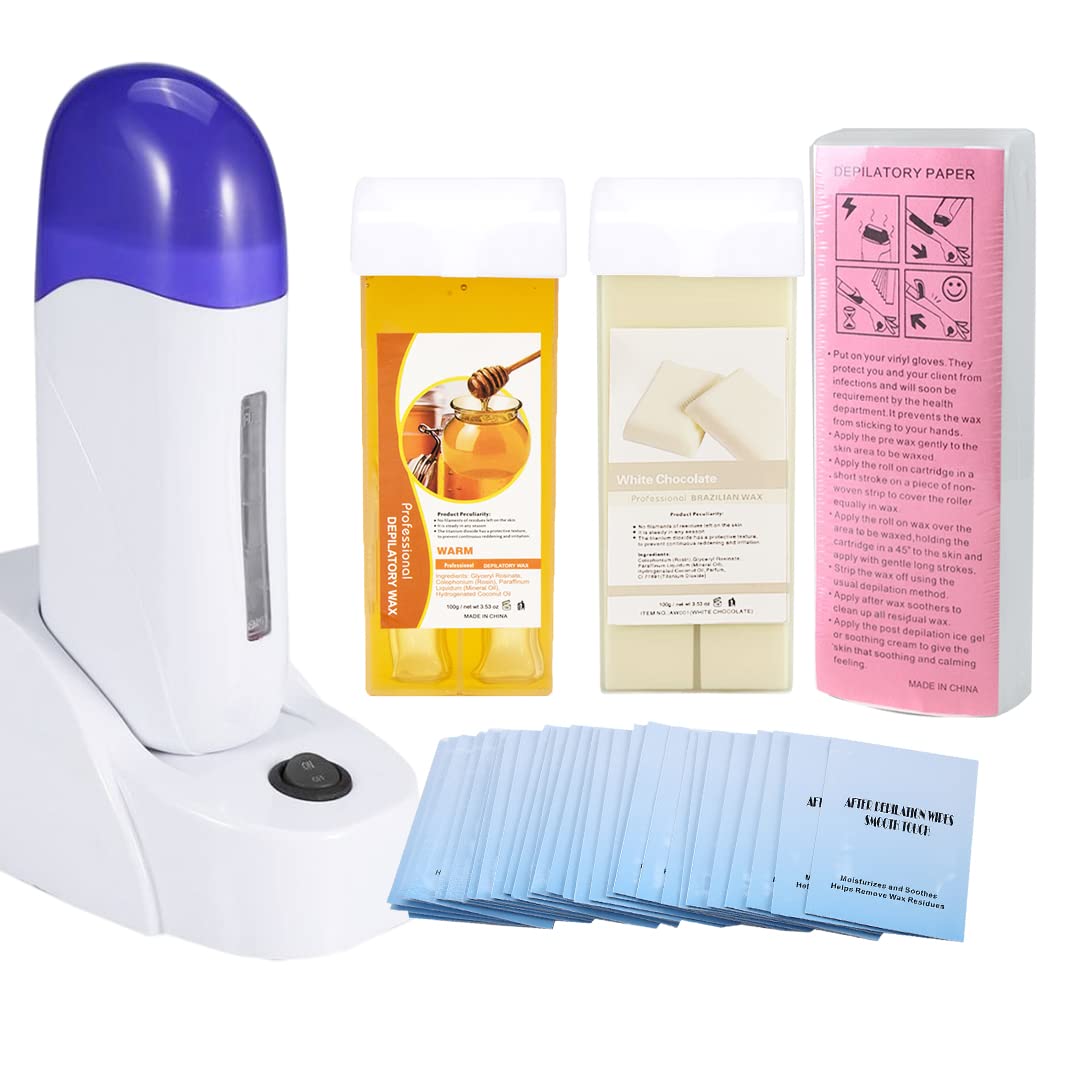 iMeshbean® Wax Heater Kit for Hair Removal - Roll-On Wax Warmer with Honey & Milk Cartridges, Depilatory Strips - At-Home Waxing for Women & Men (2 Wax, 1 Paper) | Smooth Legs, Bikini Line & Underarms