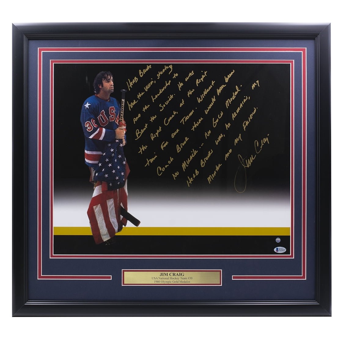 Jim Craig Autographed Signed 16x20 Framed Team USA Hockey Photo - Steiner BAS - Perfect for Sports Memorabilia Collectors & Man Cave Decor