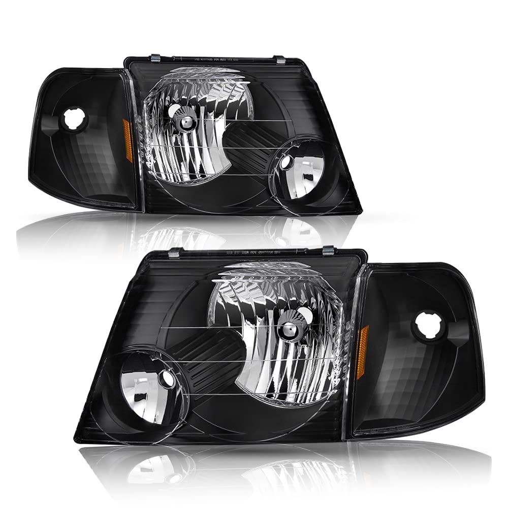 BRYGHT Headlight Assembly Replacement for 2002-2005 Ford Explorer with Corner Lights - 4pc Set (Driver & Passenger Side, Black Housing, Amber Reflector) - Perfect for Night Driving & Off-Road Adventures