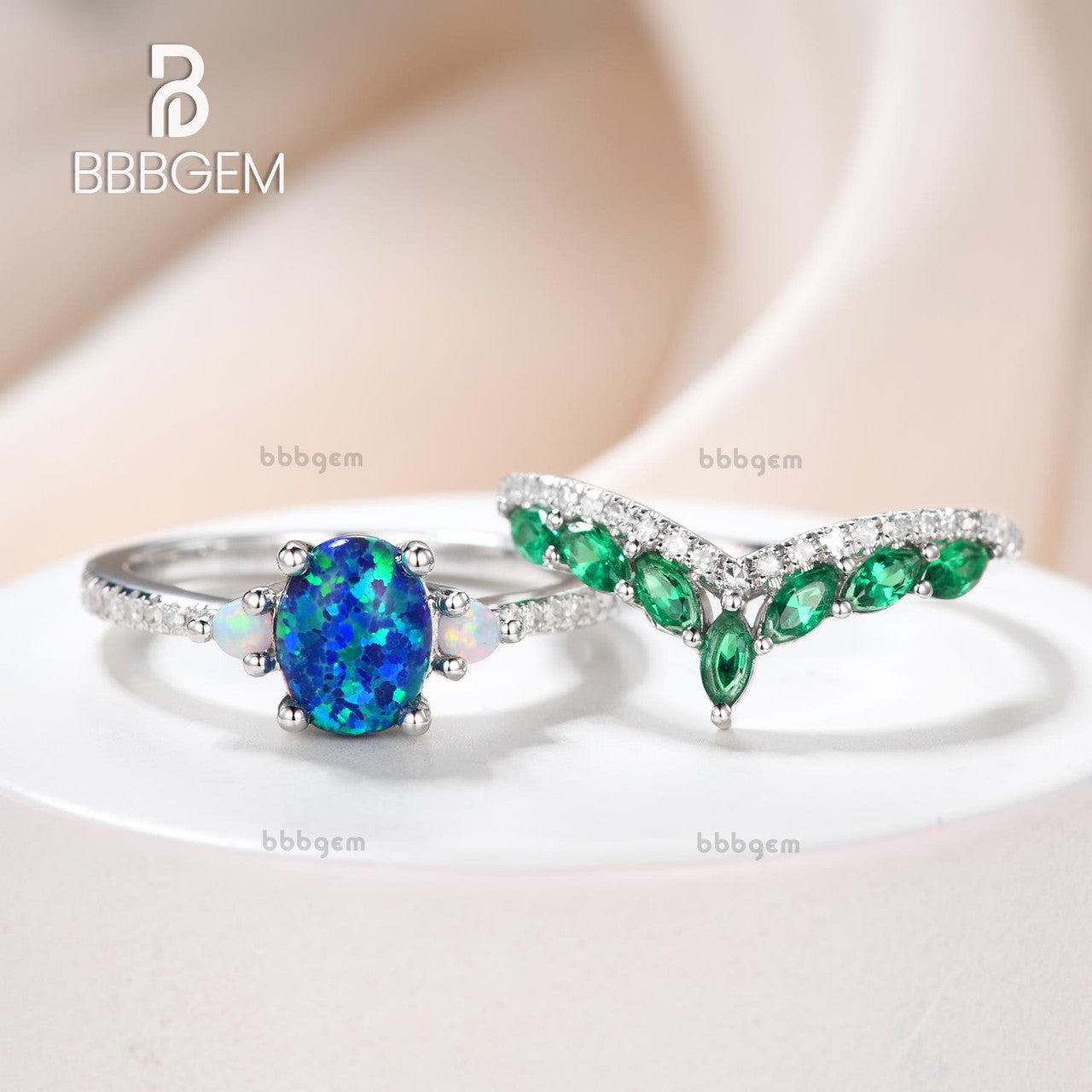Black Opal & Emerald Diamond Engagement Ring Set – Elegant Wedding Band for Women | Perfect for Proposals, Anniversaries & Bridal Jewelry