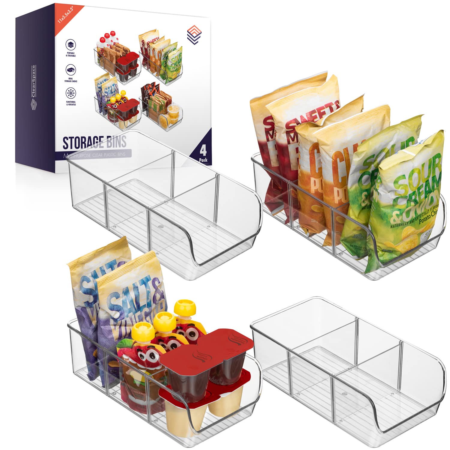 ClearSpace Plastic Pantry & Refrigerator Storage Bins with Dividers - Stackable Kitchen Organizer for Fridge, Cabinet, Pantry - Perfect for Food Storage, Meal Prep & Home Organization