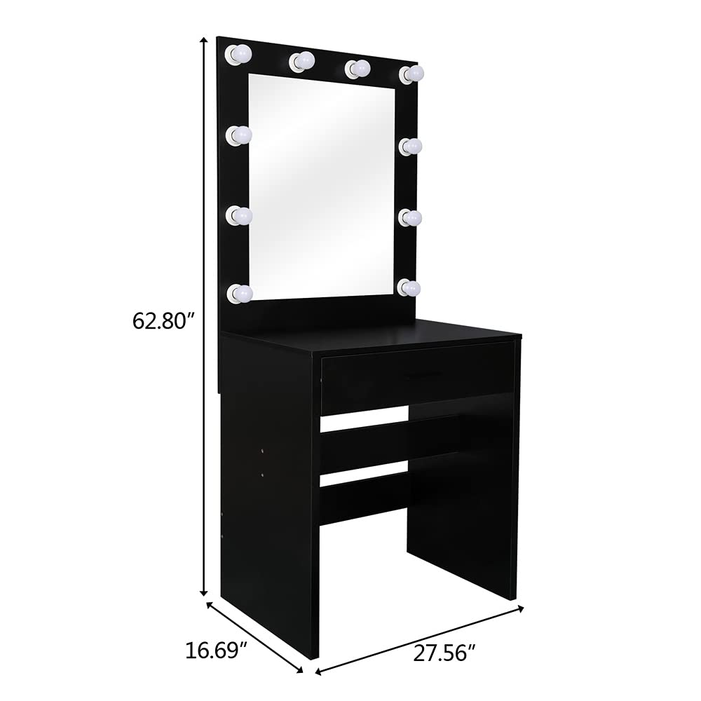 GBB Single Drawer Vanity Table with LED Lights & Large Mirror - Makeup Dressing Table for Bedroom, Home Office, Hair Salon & Studio - Black Cosmetic Storage Desk with Adjustable Cold Lighting for Professional & Home Use