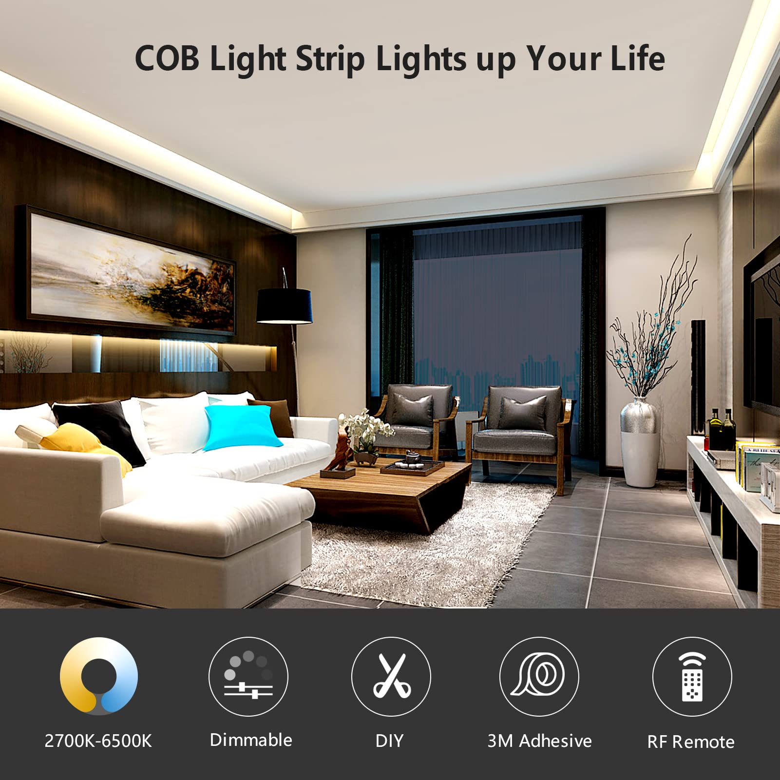 Bright COB LED Strip Lights 16.4ft 6000LM - Dimmable for Bedroom, TV Backlight