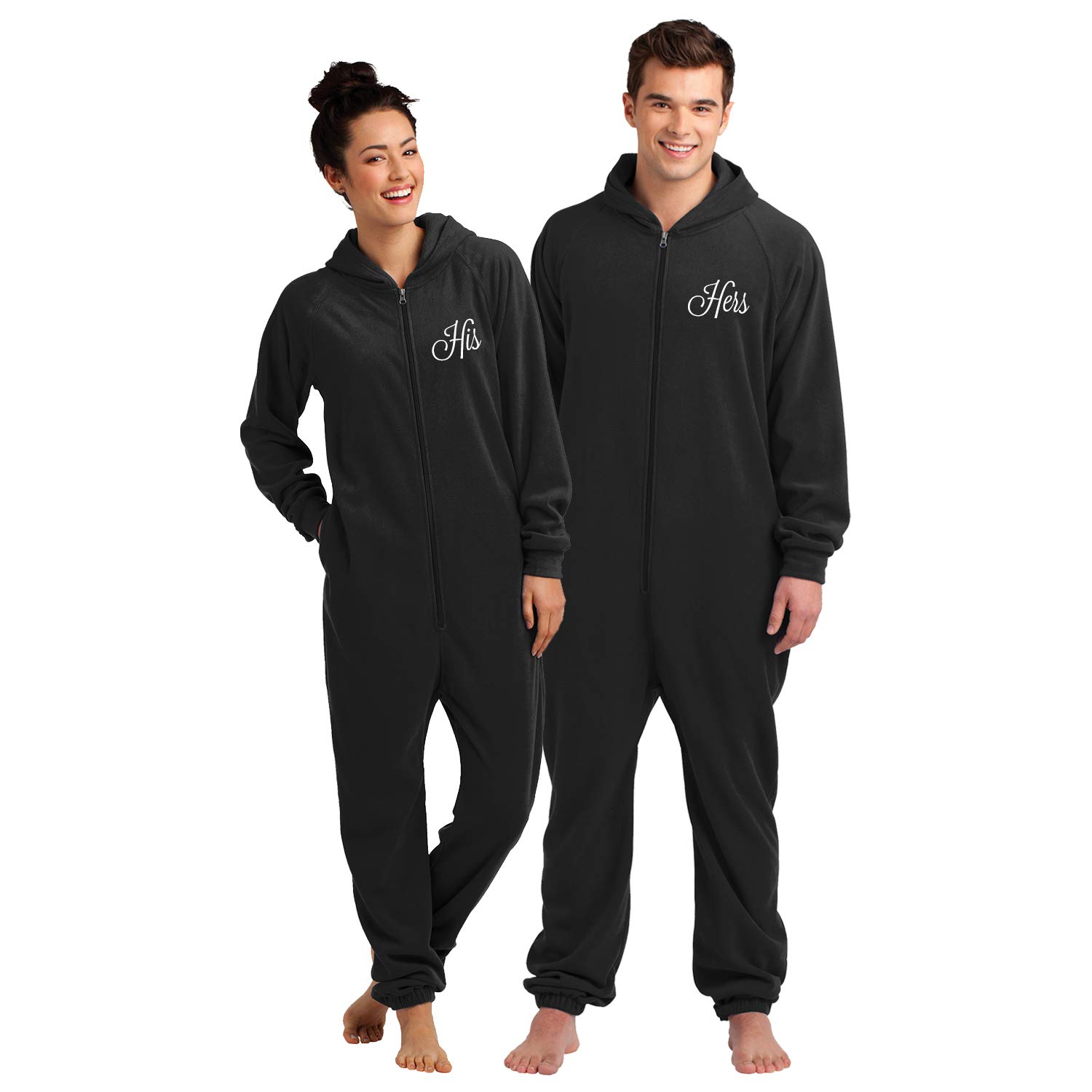 His and Hers Black Fleece Onesies Set - 2-Piece Cotton Union Suits for Couples | Cozy Matching Pajamas for Winter Lounging & Romantic Nights