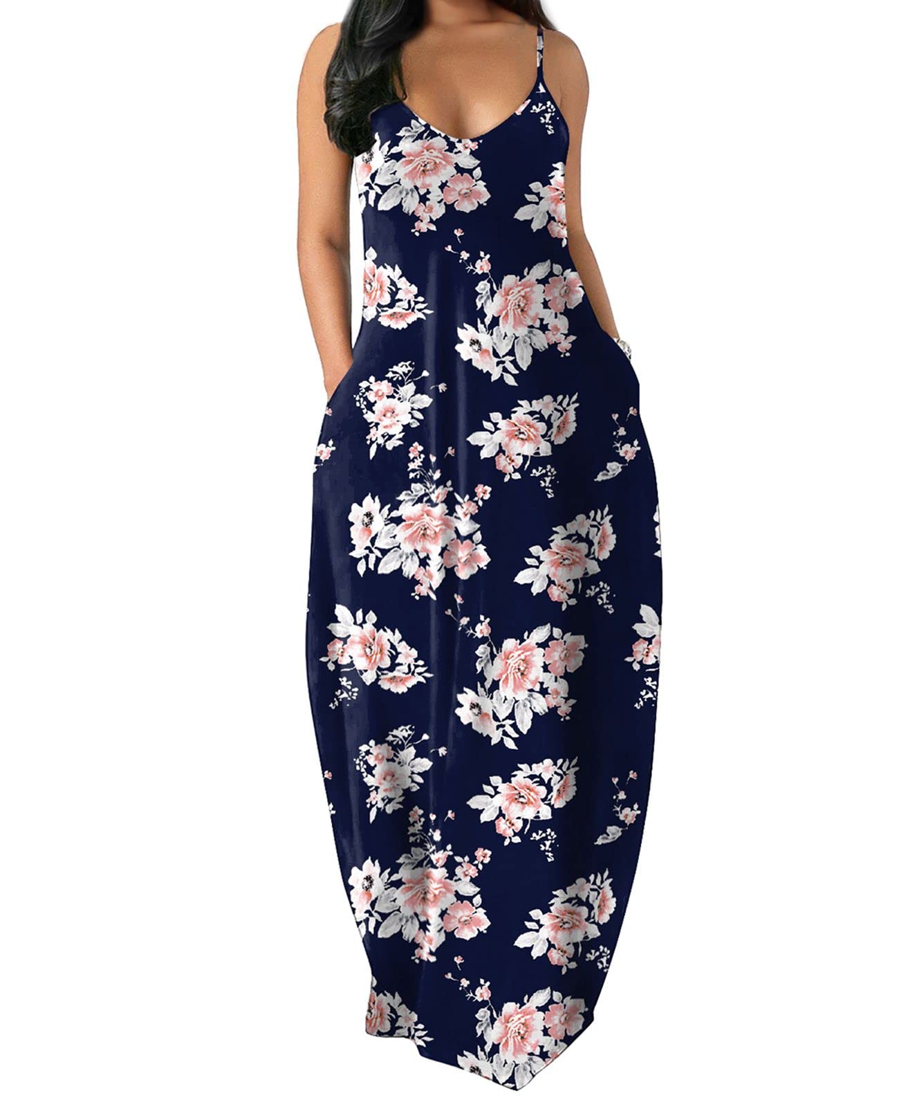 OFEEFAN Women's Summer Maxi Dresses - Flowy Spaghetti Strap Long Dress with Pockets | Beach Cover Up, Vacation Outfit, Casual Sundress for Outdoor Activities