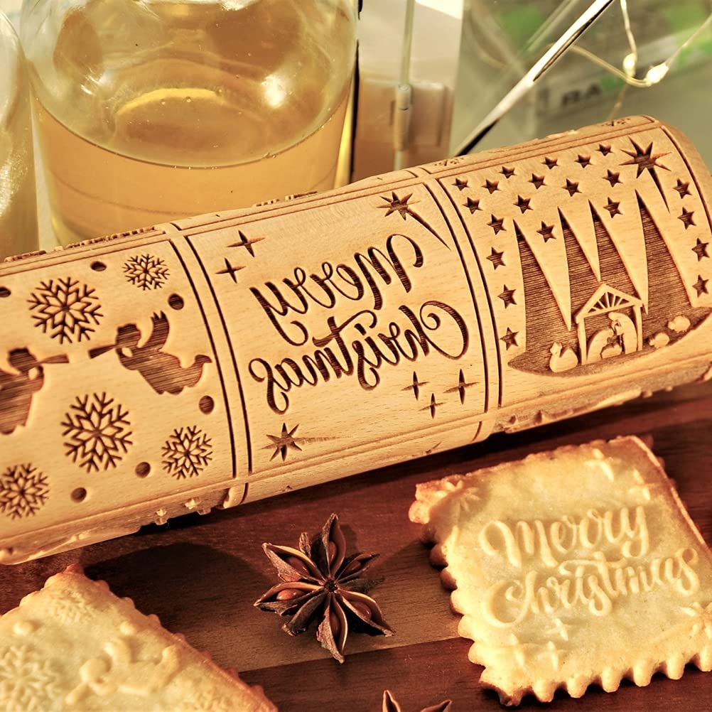 Christmas Nativity Embossing Rolling Pin - Wooden Non-Stick Cookie Dough Roller for Holiday Baking | Perfect for Christmas Cookies, Gingerbread, and Festive Pastry Making