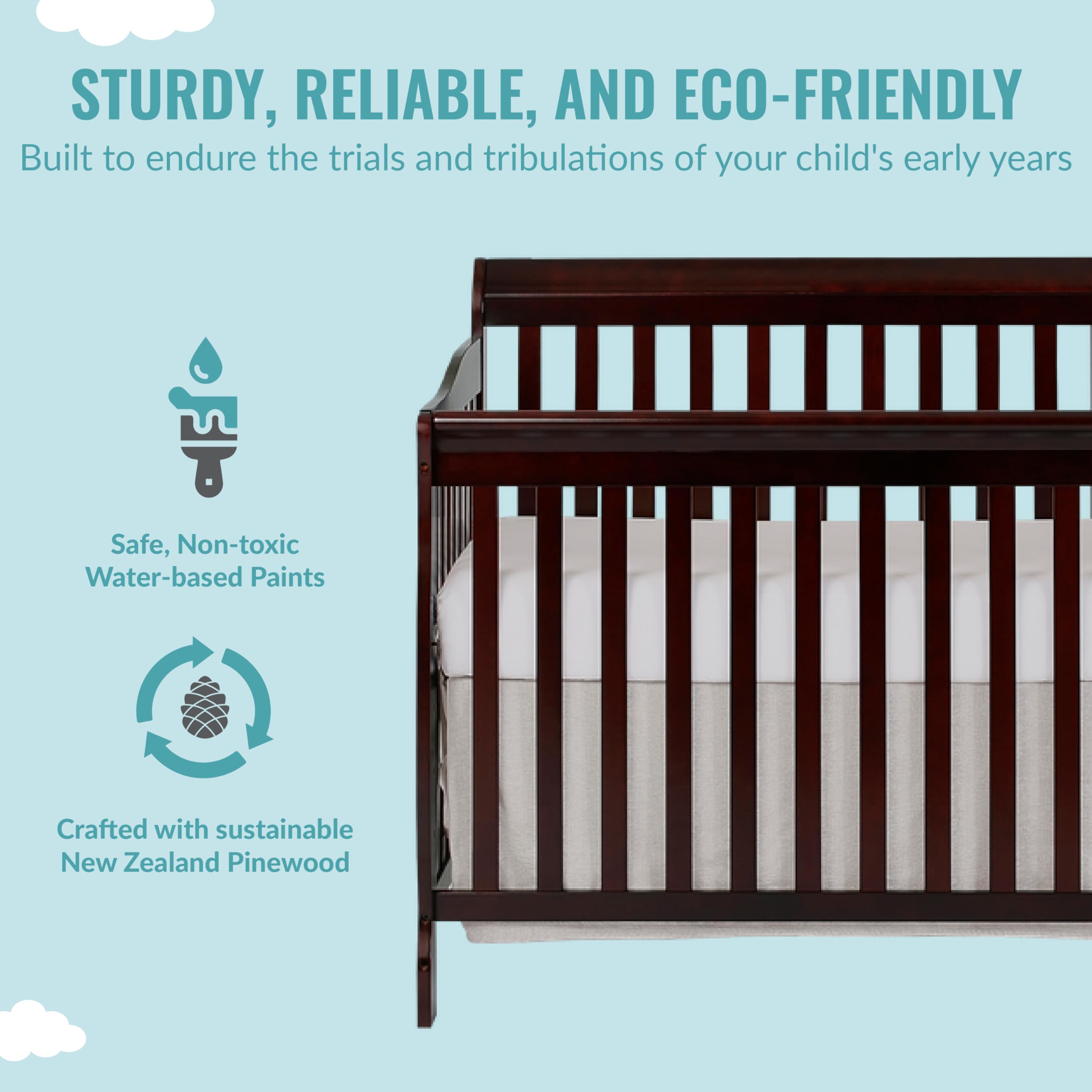 Dream On Me Ashton 5-in-1 Convertible Crib in Espresso - Greenguard Gold Certified Safe Nursery Furniture, 50x36x44 Inches - Perfect for Baby's Nursery, Toddler Room & Guest Bedroom