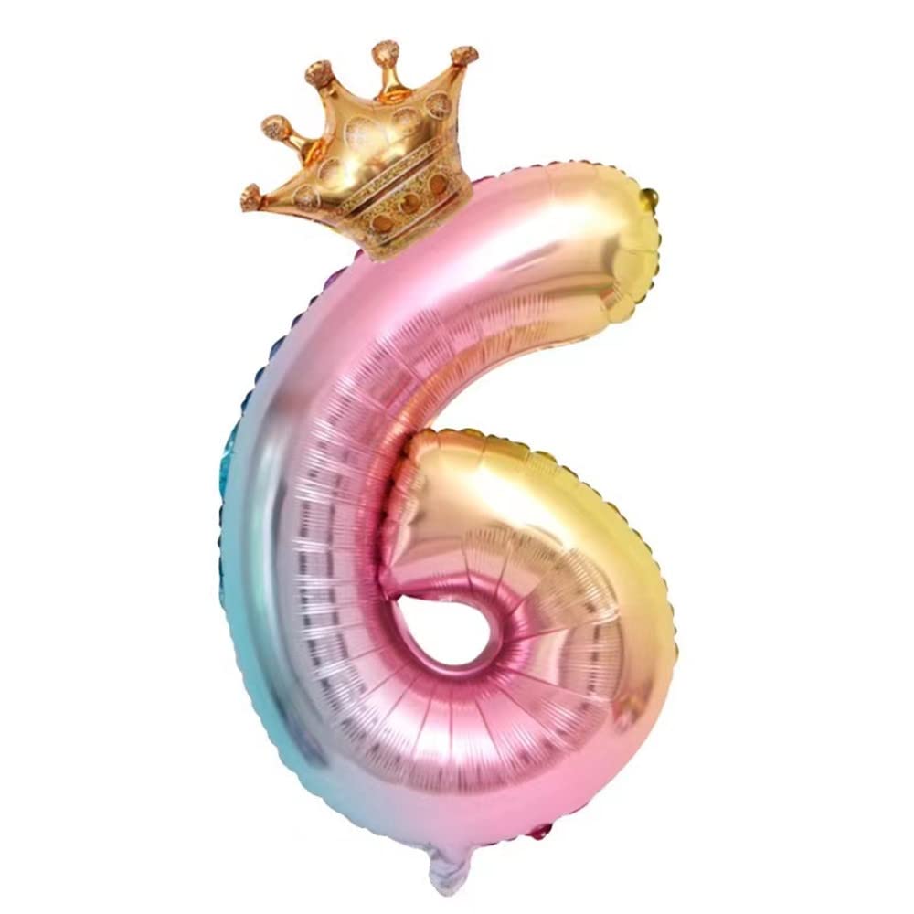 32 Inch Rainbow Gradient Number 6 Crown Balloons Set - 6th Birthday Party Decorations for Kids, Girls & Boys - Perfect for Birthday Celebrations, Photo Backdrops and Party Room Decor