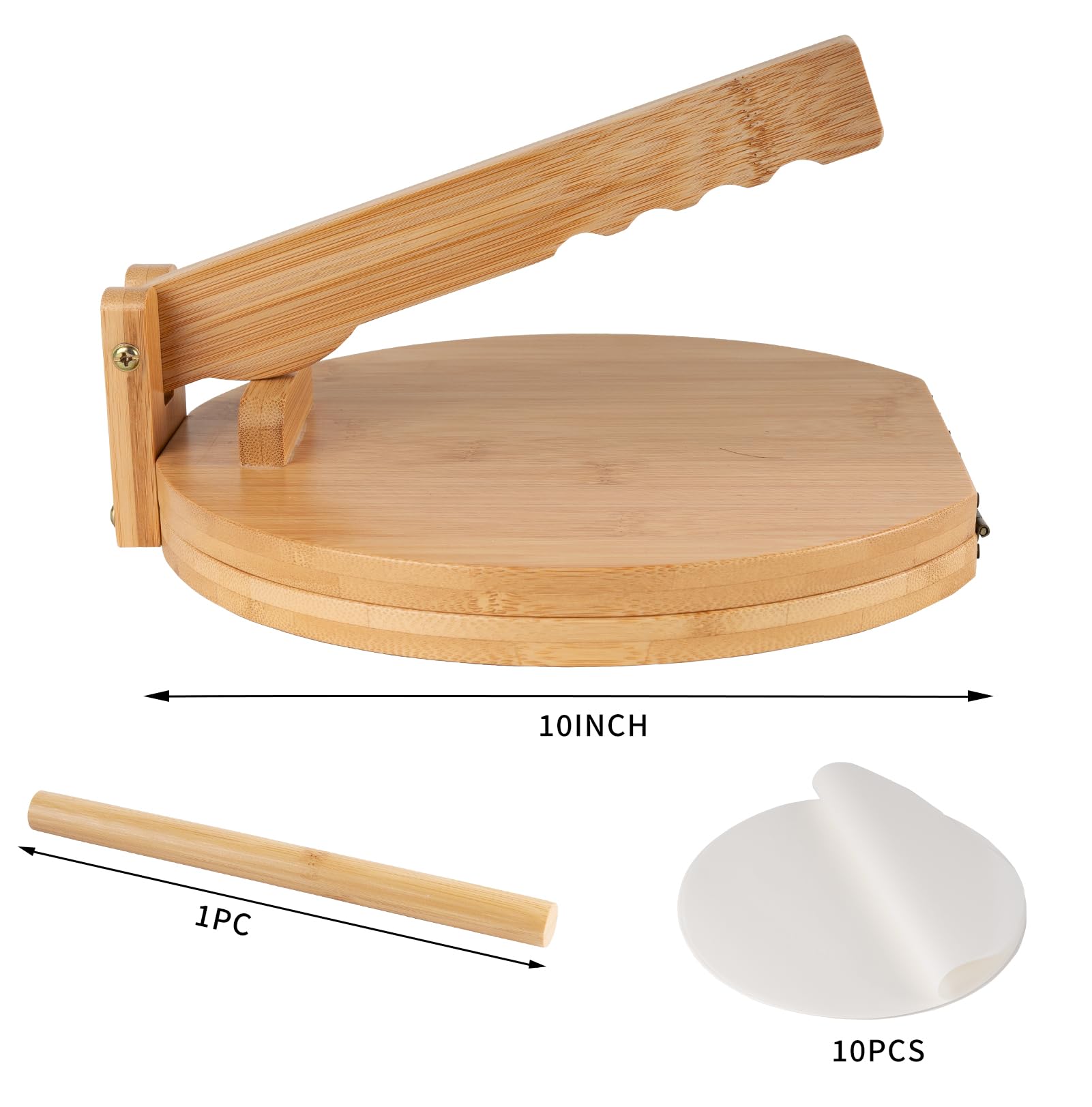 10 Inch Wooden Tortilla Press with Rolling Pin & 50 Pcs Parchment Paper - Authentic Mexican Tortilla Maker for Homemade Tortillas, Roti, Dough - Perfect for Taco Night, Meal Prep & Latin Cooking