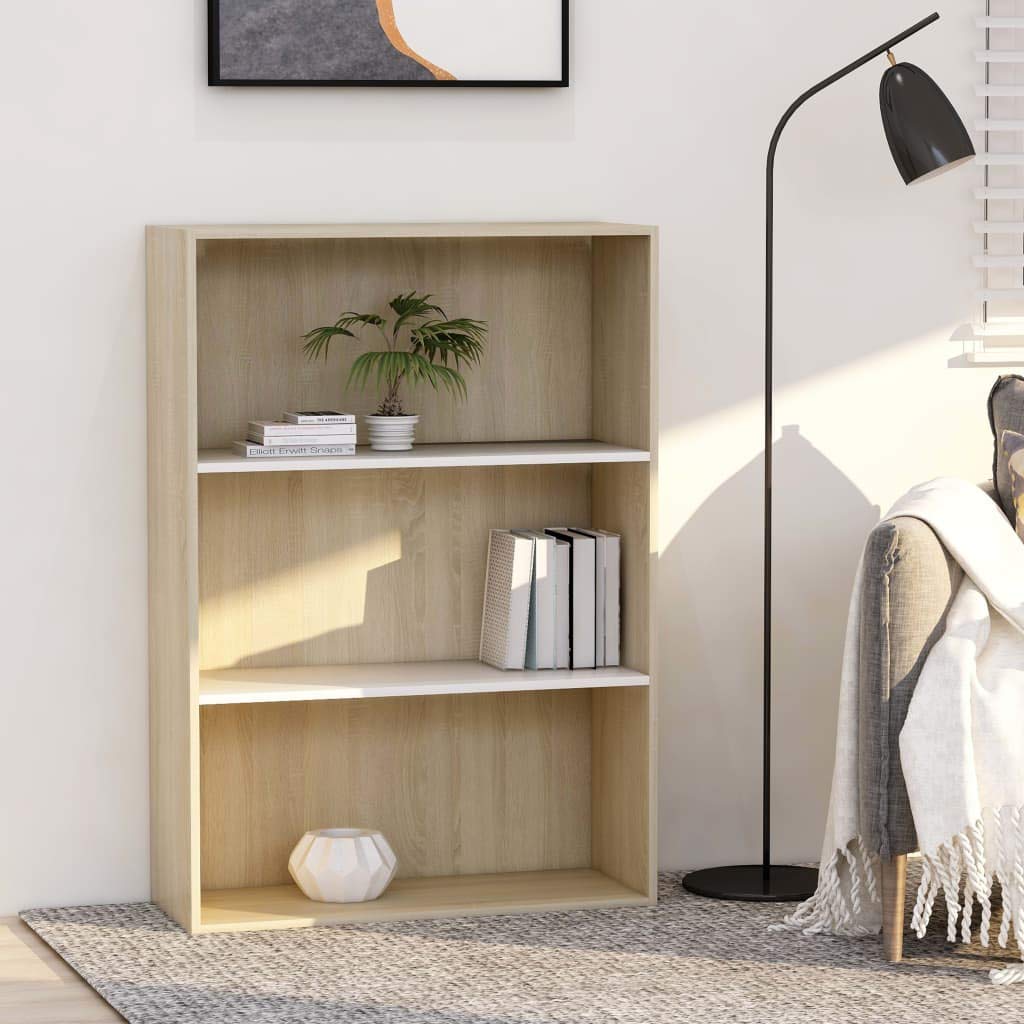 3-Tier Book Cabinet - White & Sonoma Oak Display Storage Rack, Office Bookshelf, Cube Storage Cabinet (31.5