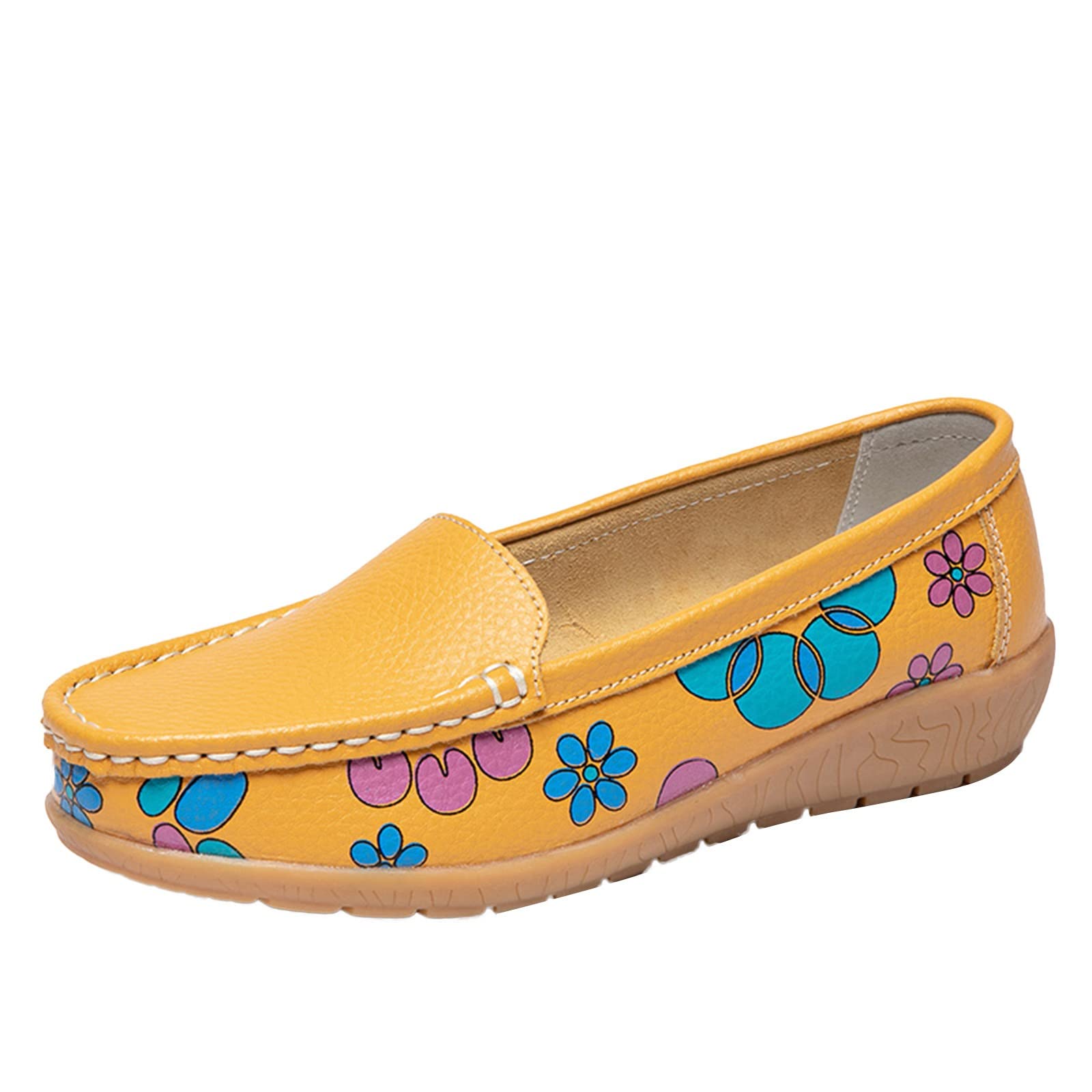 Women's Casual Slip-On Shoes with Wedge Heel - Floral Print & Solid Colors, Genuine Leather Comfortable Walking Shoes for Work, Travel & Everyday Wear