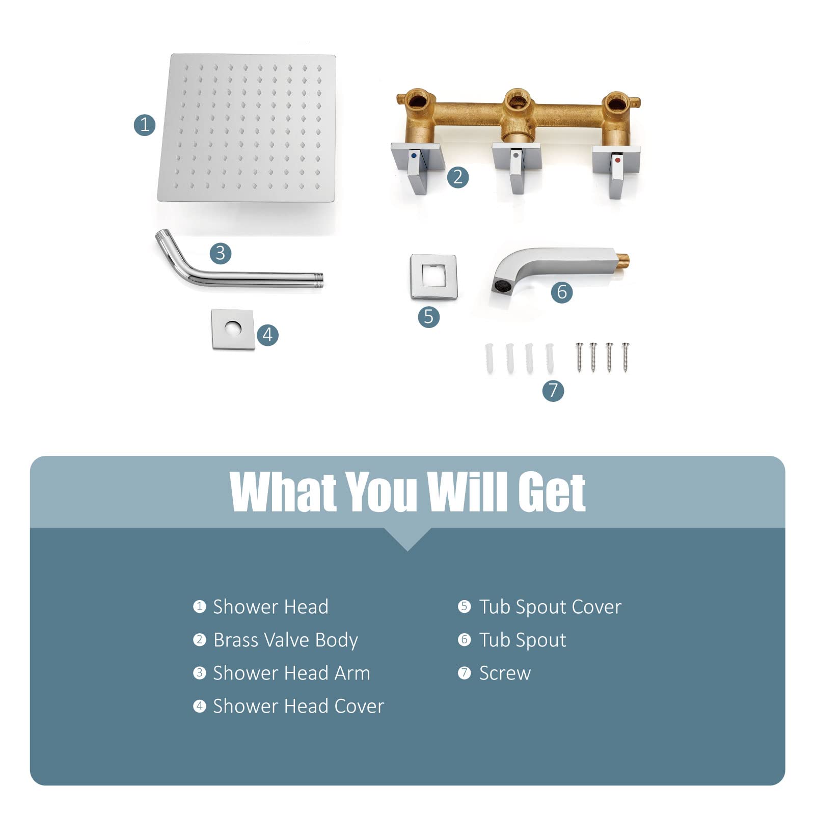 Aolemi 3 Handle Chrome Bathtub Shower Faucet Set with 8 Inch Rainfall Showerhead, Tub Spout & Rough-in Valve - Wall Mount Shower System for Bathroom Remodeling & Luxury Spa Experience