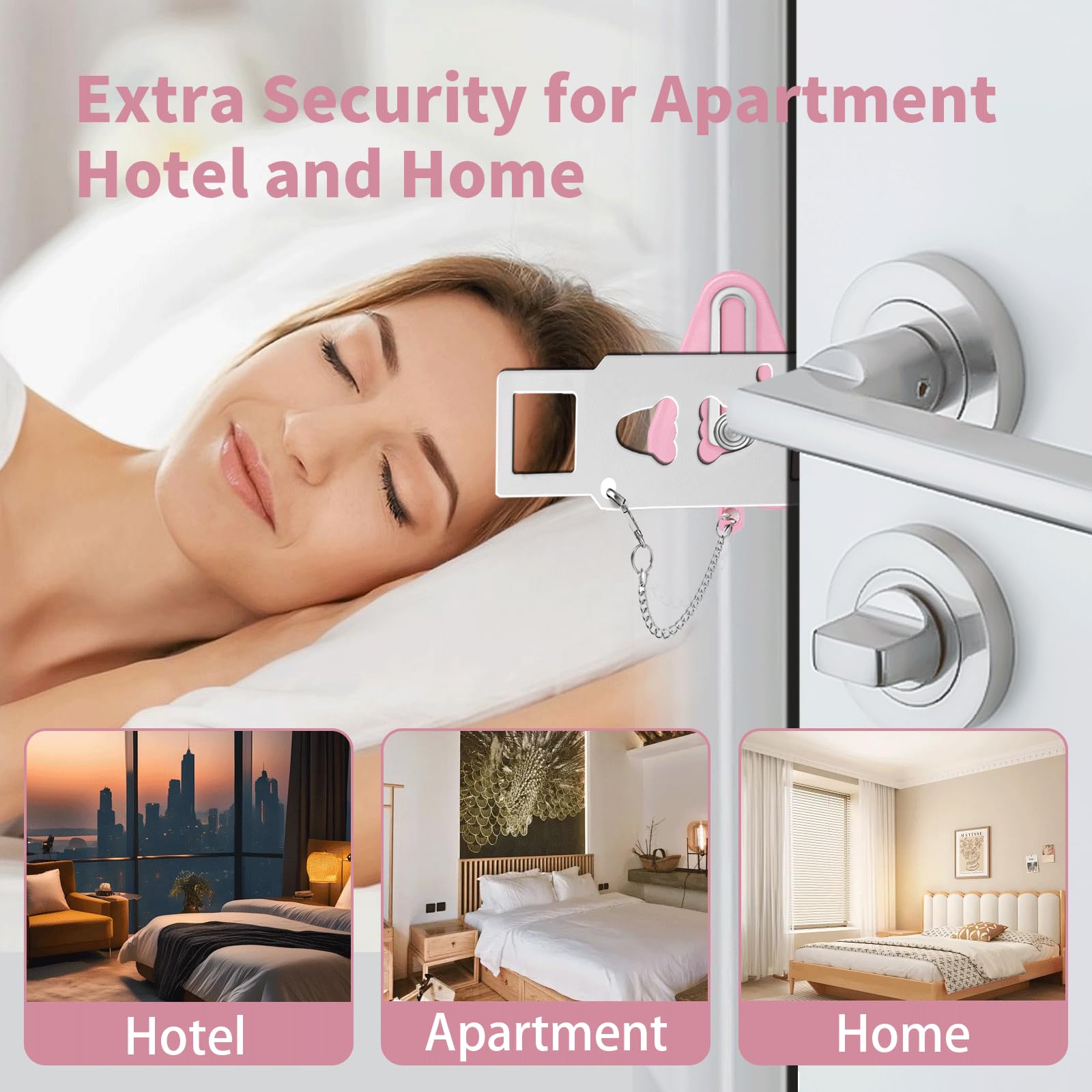 Portable Door Lock & Door Stop Alarm Set - Dual Protection Home Security Kit for Travel, Hotels & Apartments | Self Defense Safety Device for Women & Solo Travelers | Perfect for Airbnb, Dorm Rooms & Emergency Situations (Pink)