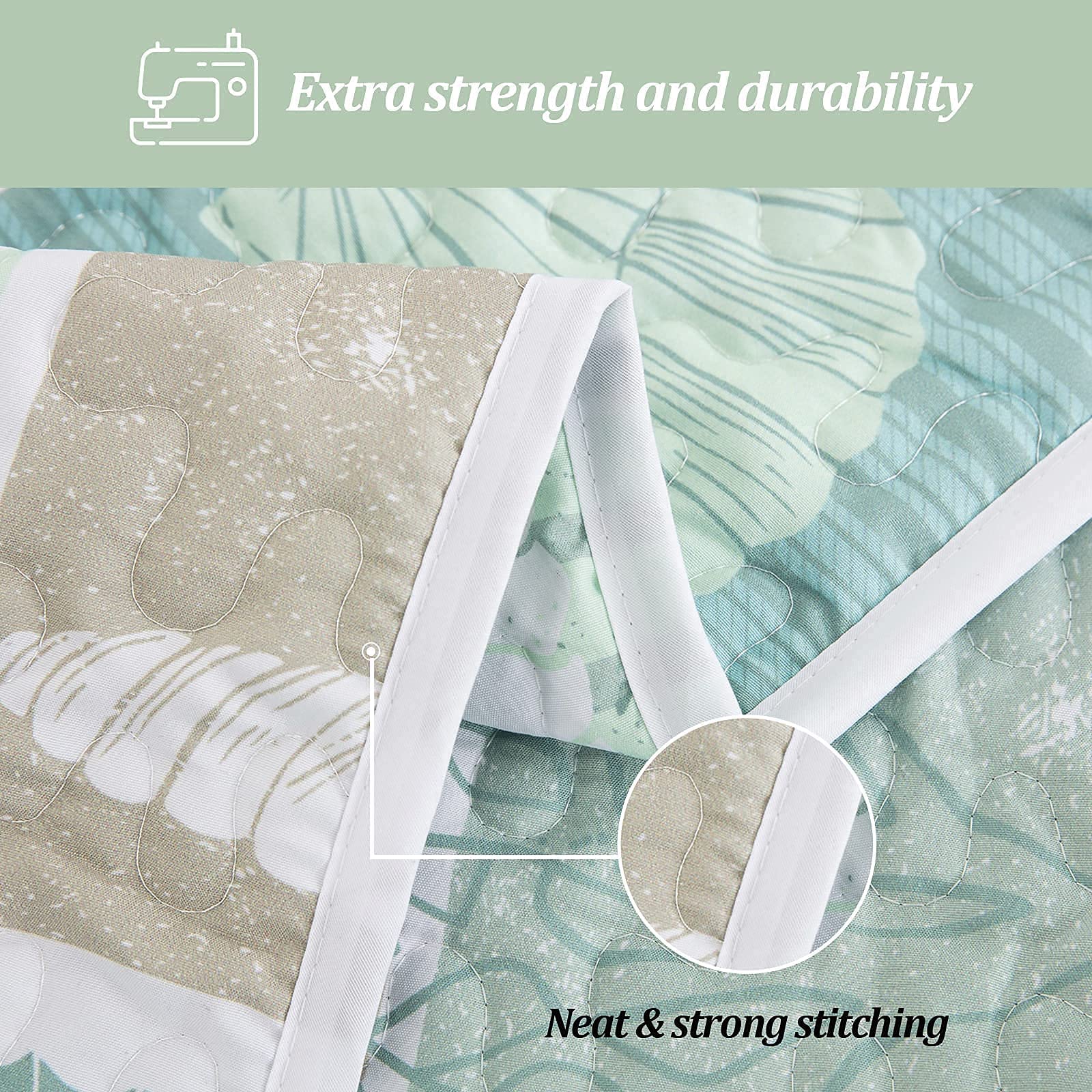 DJY Green Quilt Set Queen Size - Soft Reversible Microfiber Coastal Beach Theme Bedspread with 2 Pillow Shams (3-Piece All Season Bedding, 90x96 Inches) - Perfect for Beach House, Guest Room & Coastal Decor