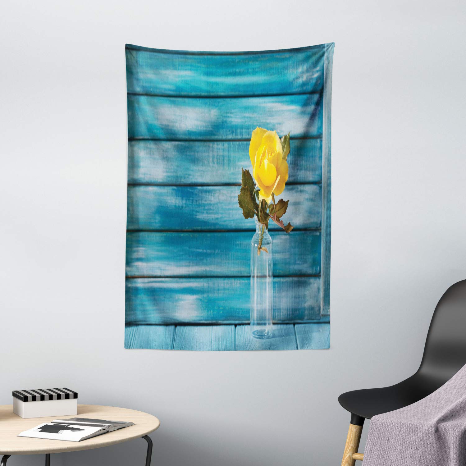 Ambesonne Floral Tapestry - Realistic Blooming Yellow Rose in Clear Vase Wall Art, 40x60 Inch Petrol Blue & Yellow Home Decor for Bedroom, Living Room, Dorm | Perfect for Boho Chic Decor, Wedding Backdrop & Instagram Photo Background