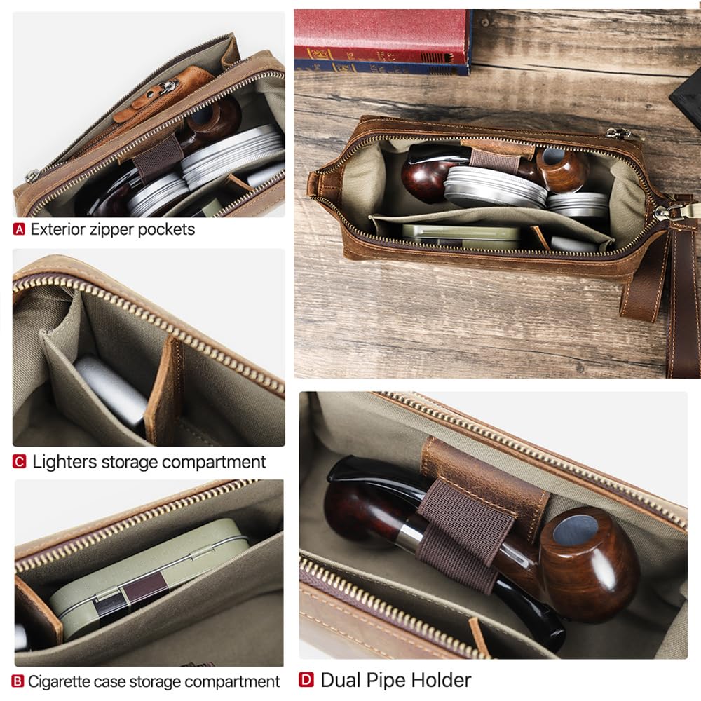Premium Full Grain Leather Travel Tobacco Pipe Pouch with Stand - Organizer for 2 Pipes, Lighter & Cigarettes | Portable Smoking Accessories Case for Outdoor Adventures, Camping & Travel