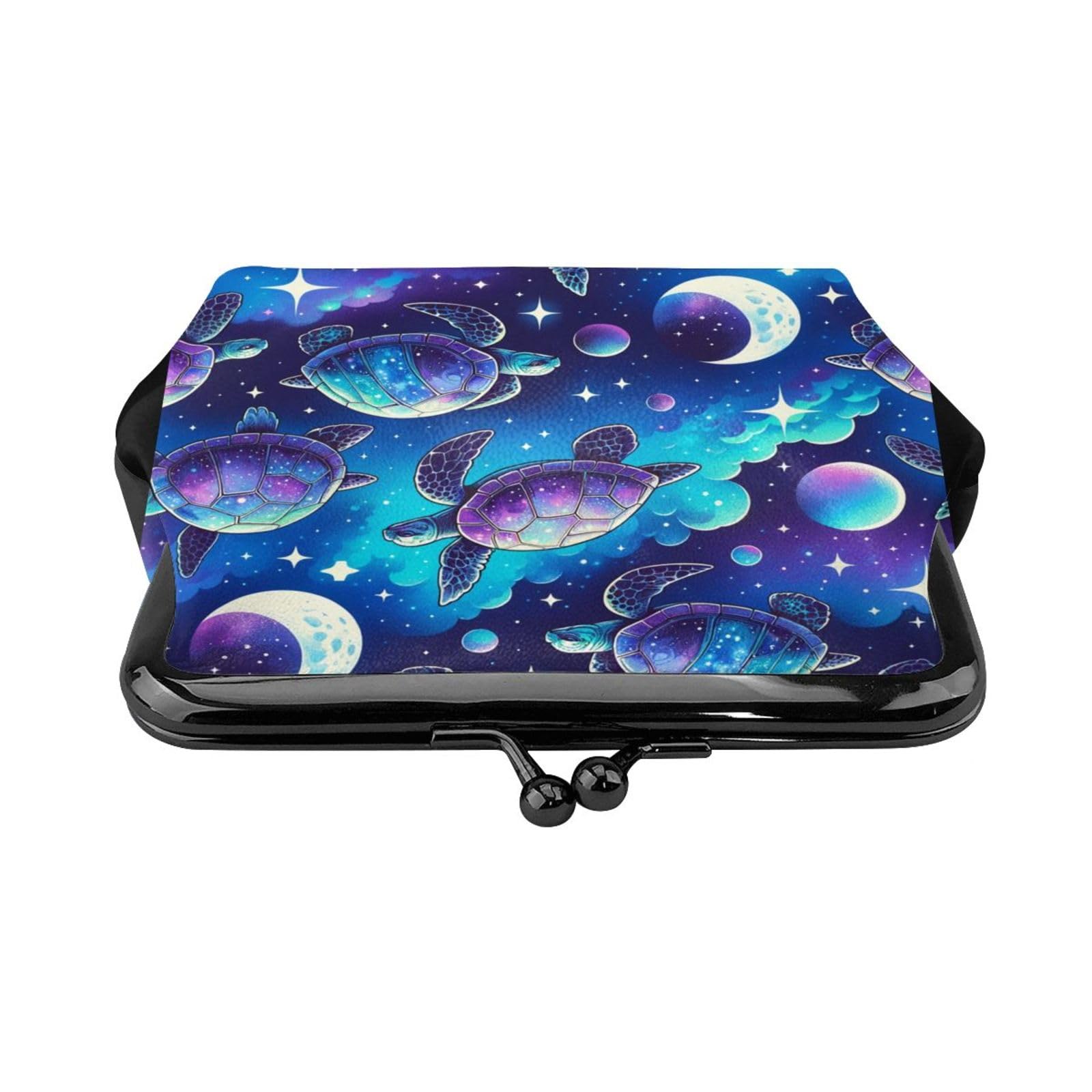 Stylish PU Leather Buckle Coin Purse - Turtle Moonlit Walk Galaxy Design - Girls' Kiss-Lock Change Wallet for Everyday Use, Gift Giving & Travel Accessories