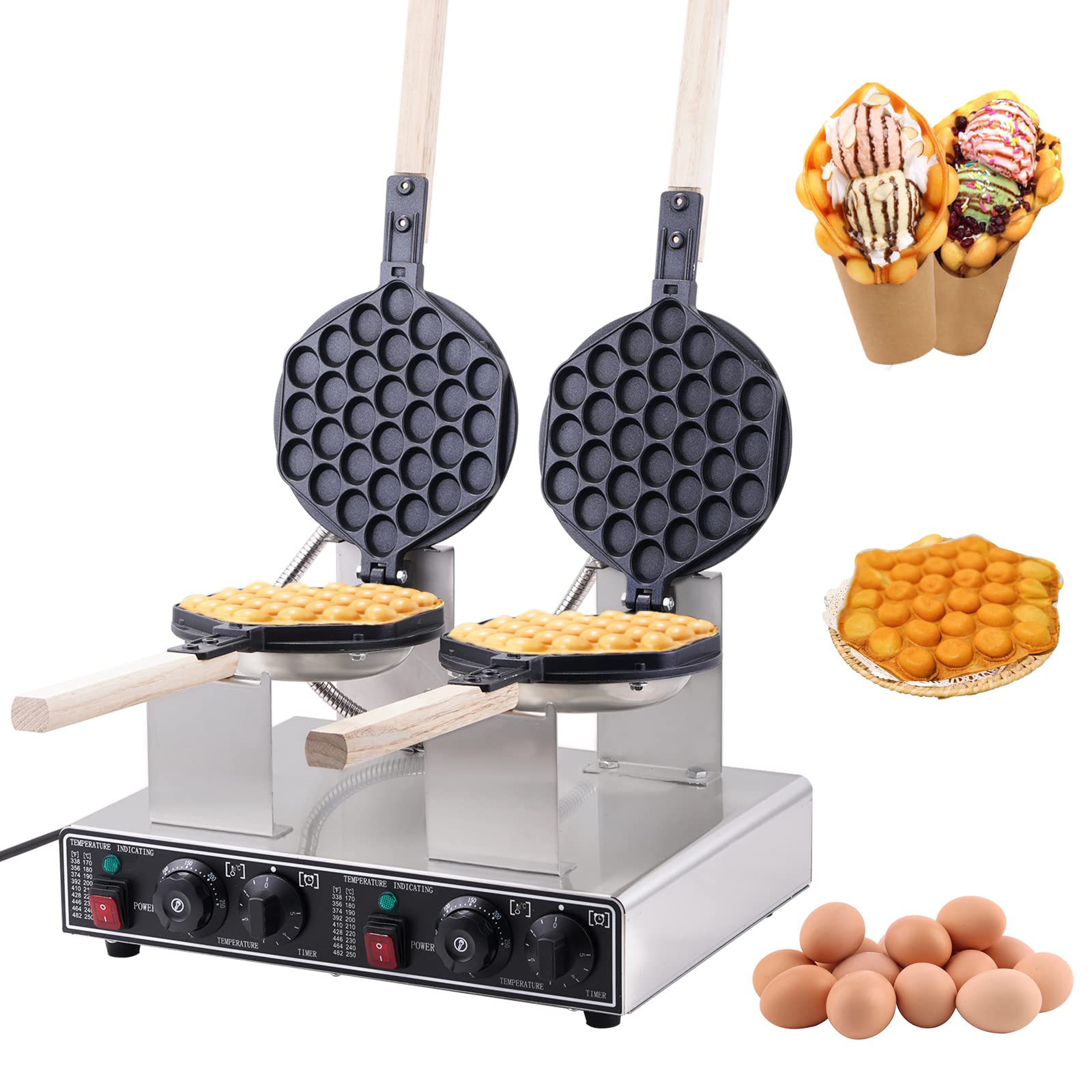 BAOSHISHAN 2800W Commercial Bubble Waffle Maker - Double Grid Electric Waffle Machine with 50-250°C Temperature Control, 180° Rotation & 0-5 Min Timer - Perfect for Cafes, Snack Shops & Home Breakfast (220V)