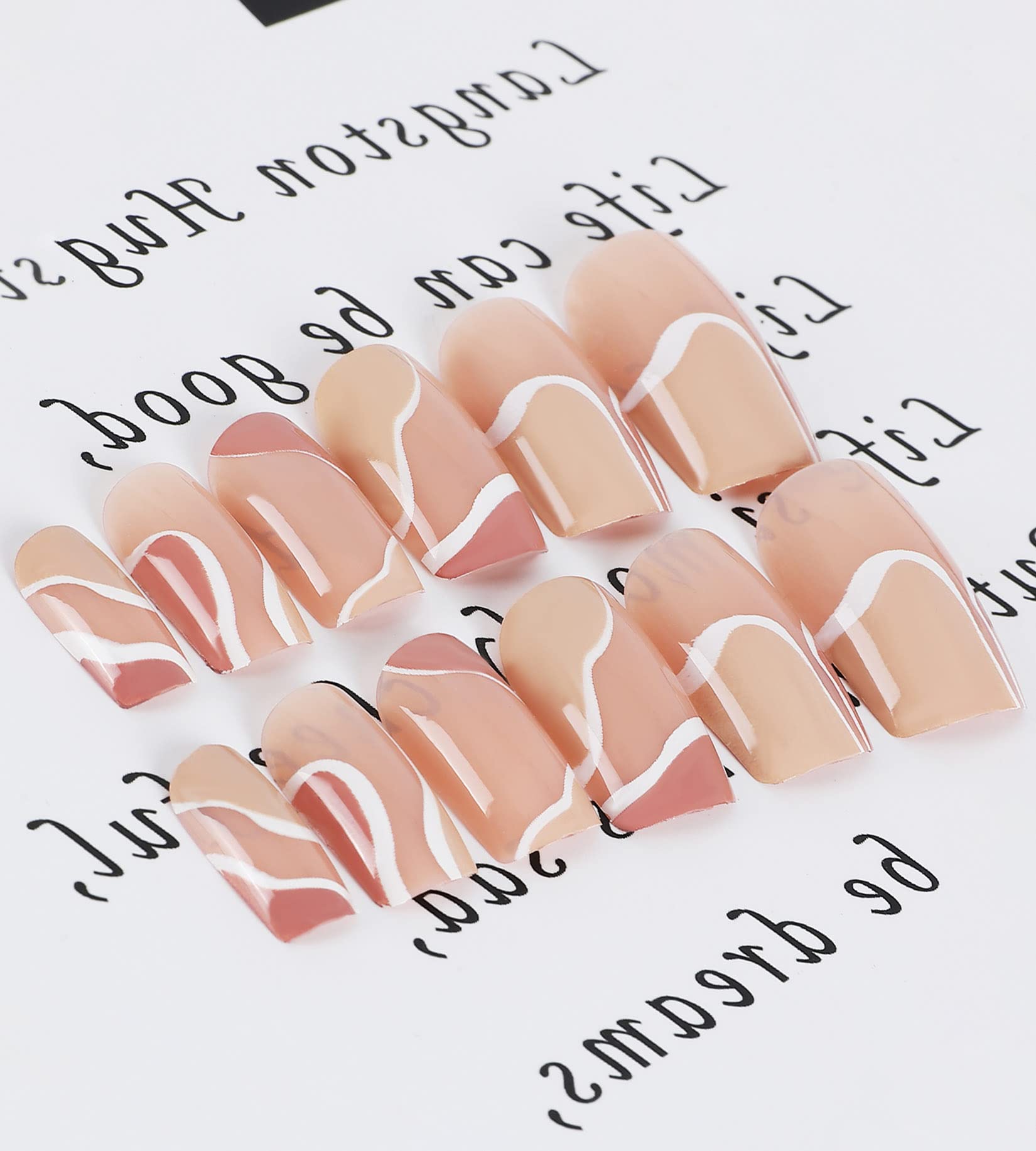 24 Pcs Short Press on Nails with Glue - Glossy Fake Nails for Women & Girls, Brown Nude French Design - Perfect for Parties, Weddings & Everyday Wear
