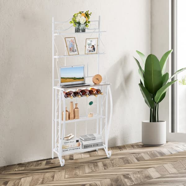 5-Tier Metal Kitchen Bakers Rack with Wine Storage - Cappuccino Finish Scroll Design for Coffee & Wine Organization - Perfect for Small Kitchens, Dining Rooms & Home Bars