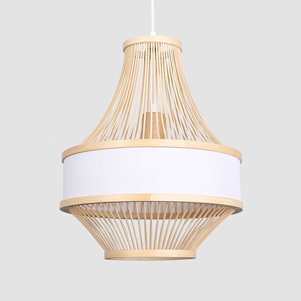 Vintage Bamboo Basket Chandelier Pendant Light with Fabric Lampshade - Farmhouse Wicker Ceiling Fixture for Dining Room, Living Room & Bedroom Lighting Decor