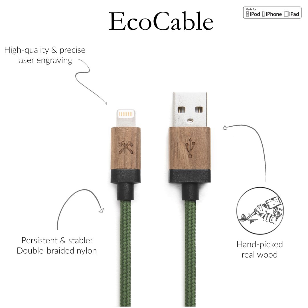 Eco-Friendly Wooden Lightning Cable - Compatible with All Apple Lightning Devices, Real Wood & Nylon Braided Charging Cord (Walnut/Green) - Perfect for Home, Office & Travel Charging