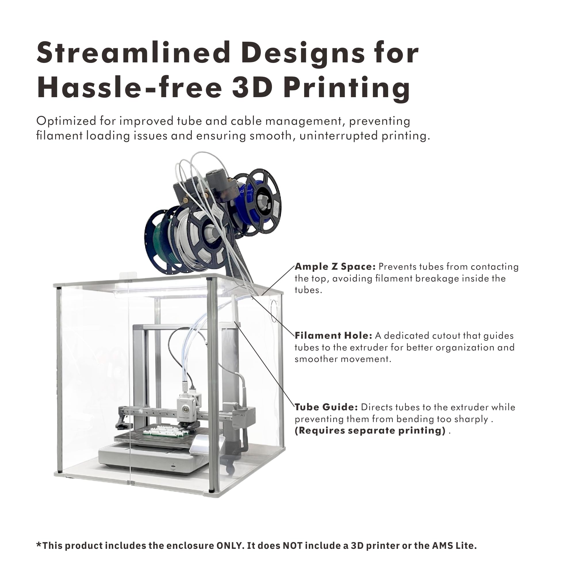 Bambu Lab A1 3D Printer Enclosure with AMS Lite - Ventilation Cutouts, 497x611x536mm Internal Dimensions - Perfect for Noise Reduction & Dust Protection in Home & Office Workspaces